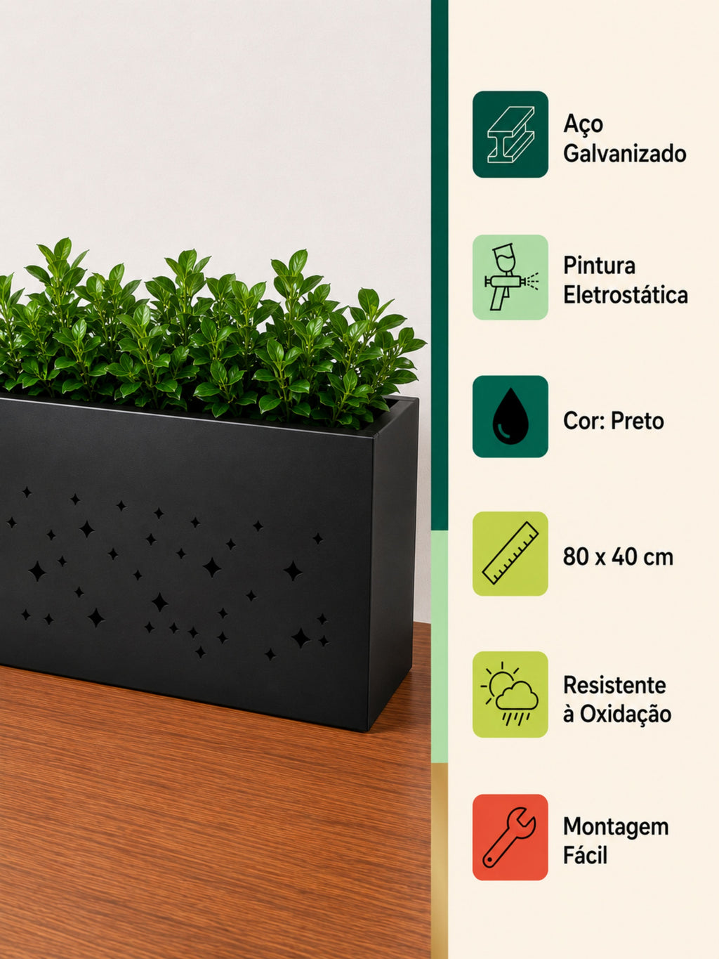 Vaso Metálico Retangular Constelação 80x40cm Preto