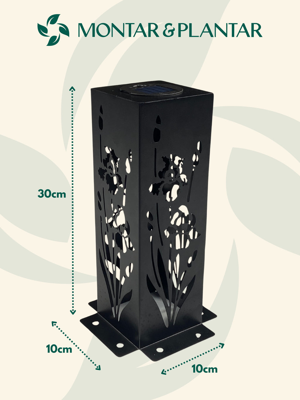 Poste Solar Floreado em Metal 10x10x30cm Preto