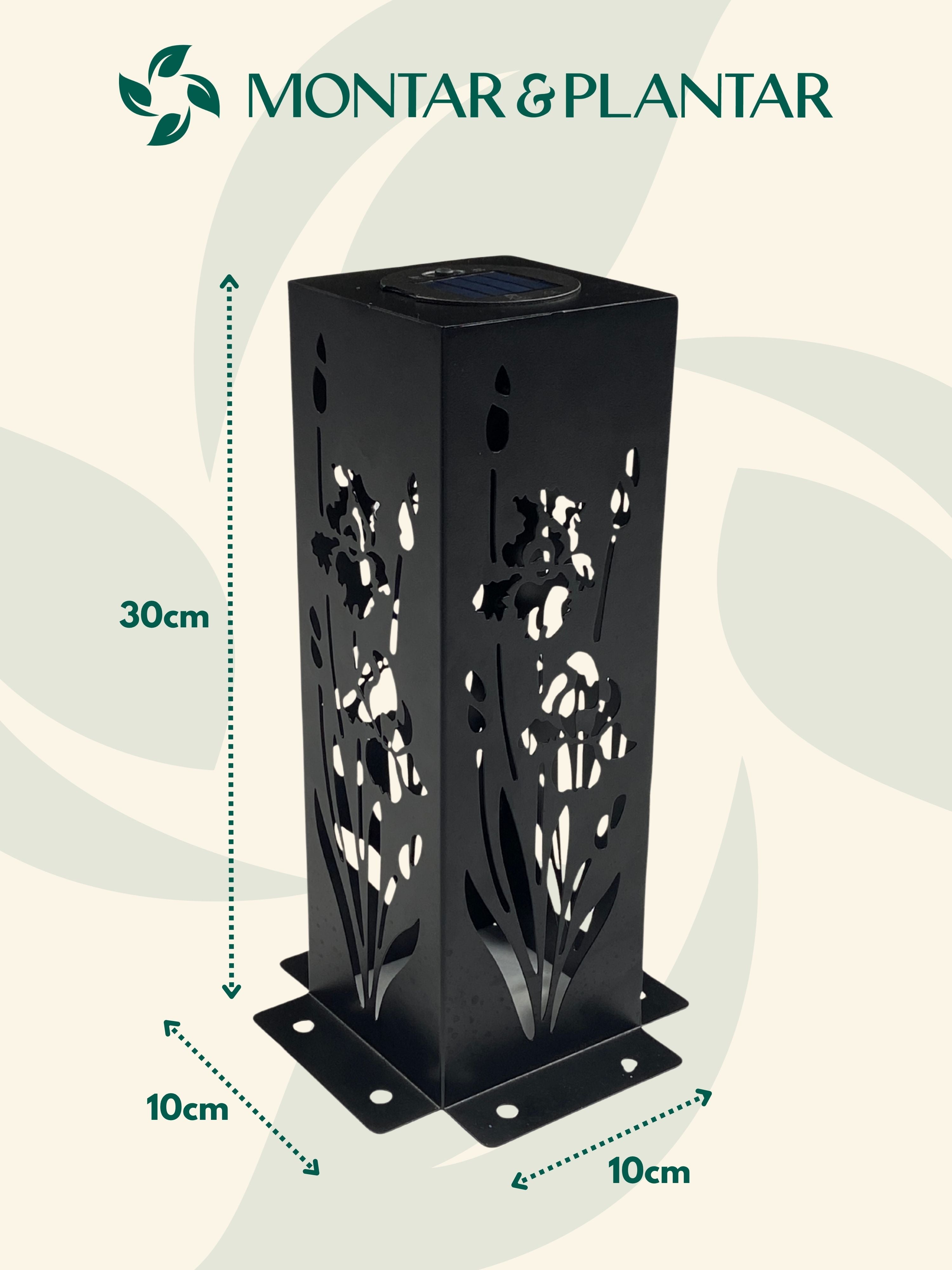 Poste Solar Floreado em Metal 10x10x30cm Preto