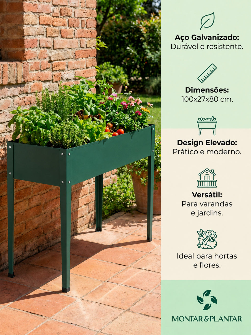 Floreira Metálica Tipo Calha com Pés 100x27cm Verde
