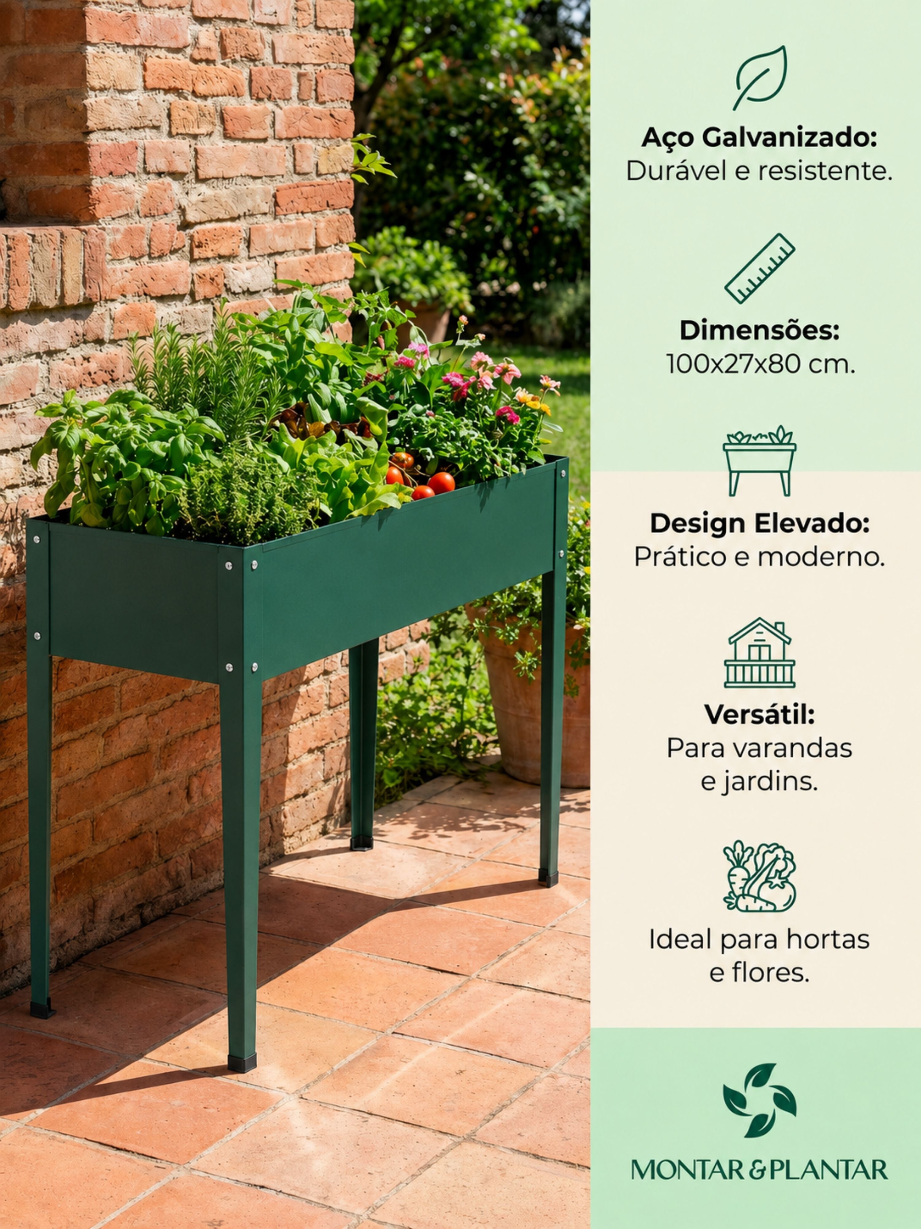 Floreira Metálica Tipo Calha com Pés 100x27cm Verde