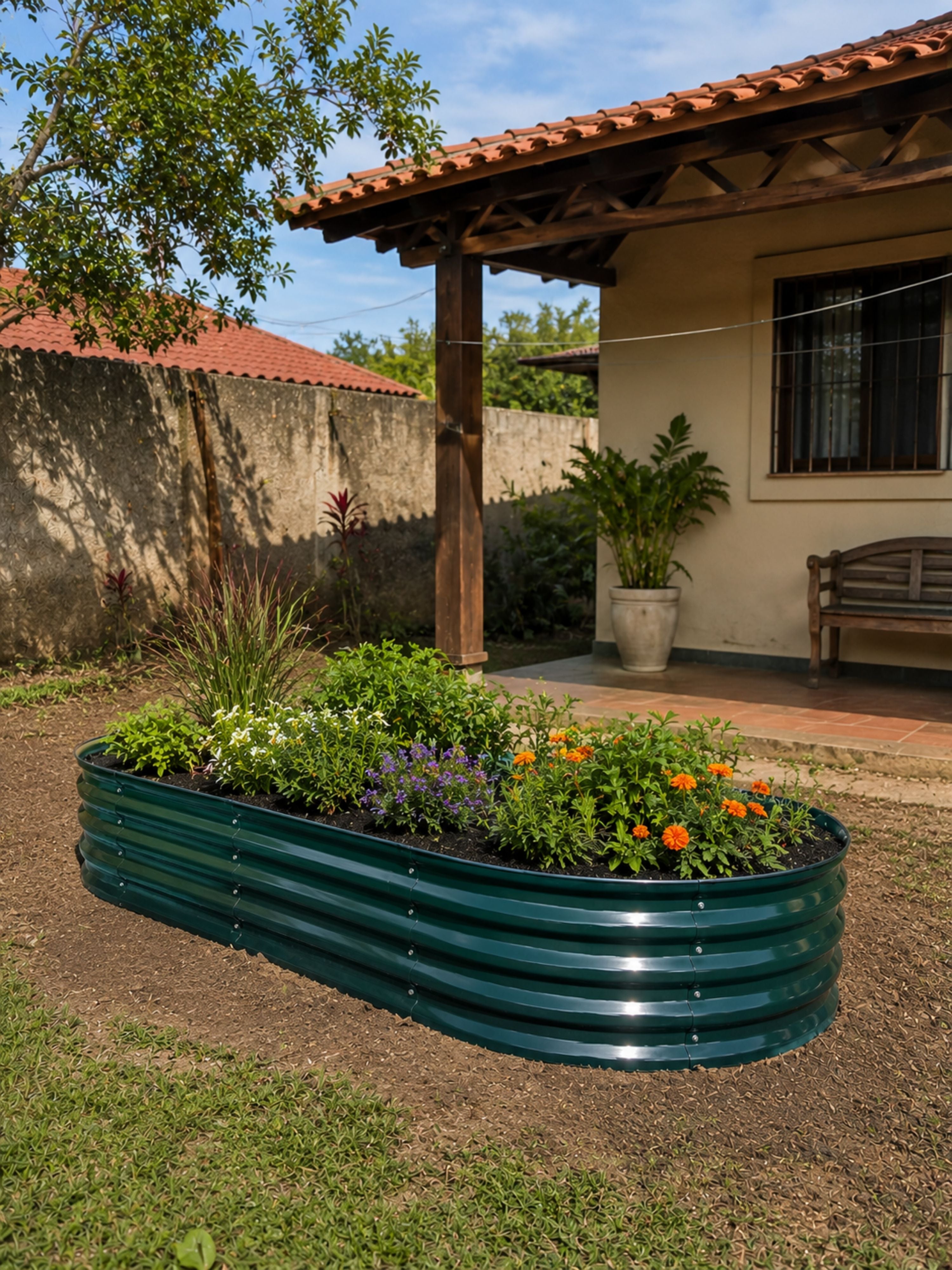 Canteiro Metálico Elevado Jardim Oval 240x120cm Verde Escuro