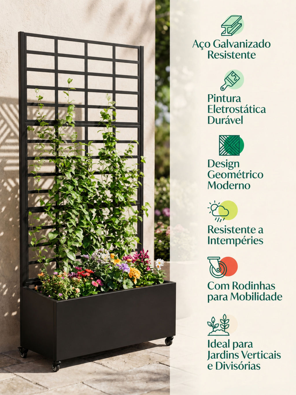 Floreira com Treliça Grid Metálica 1,80x90cm Preta