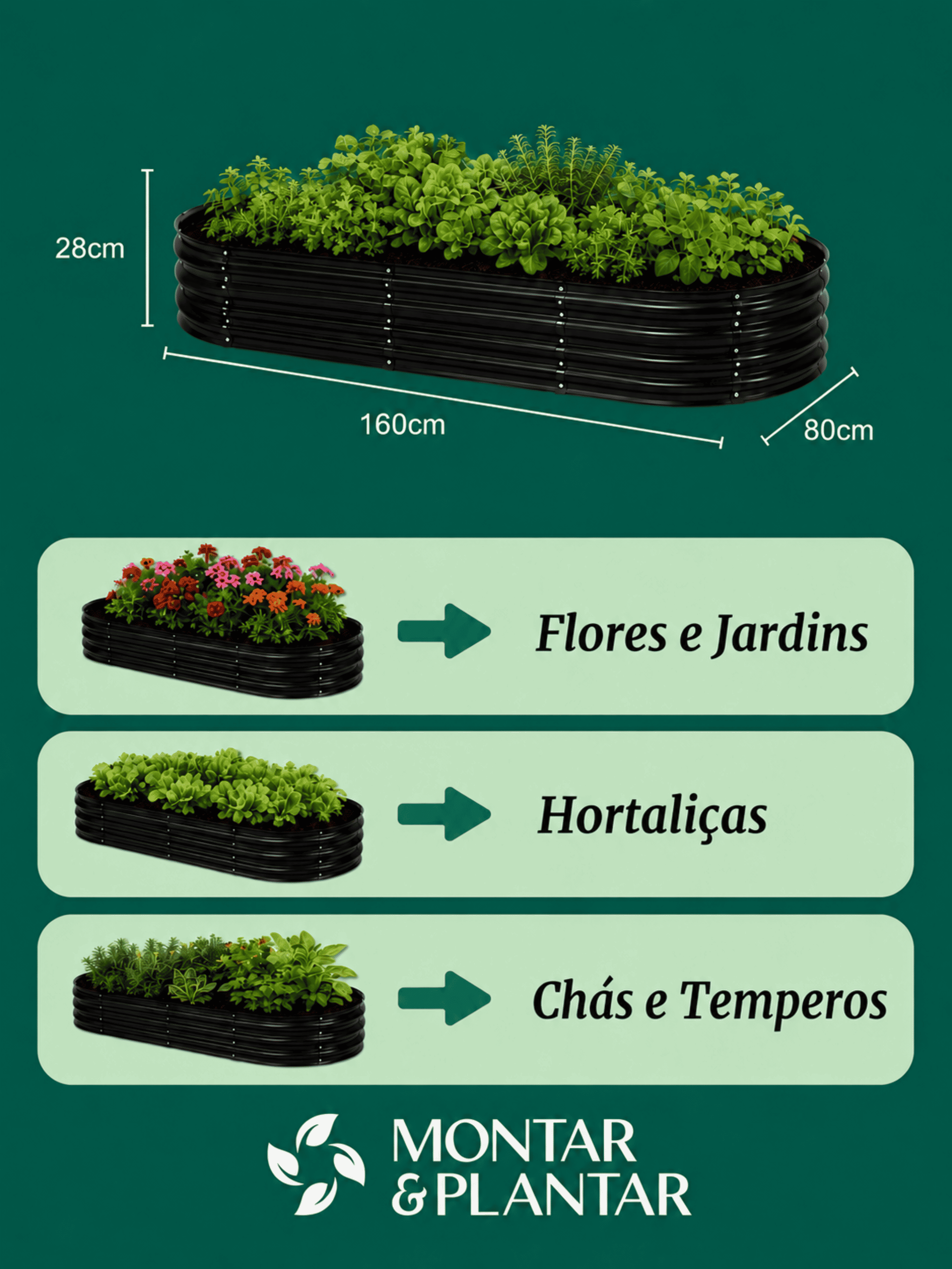 Canteiro Metálico Elevado para Jardim Oval 160x80cm Preto