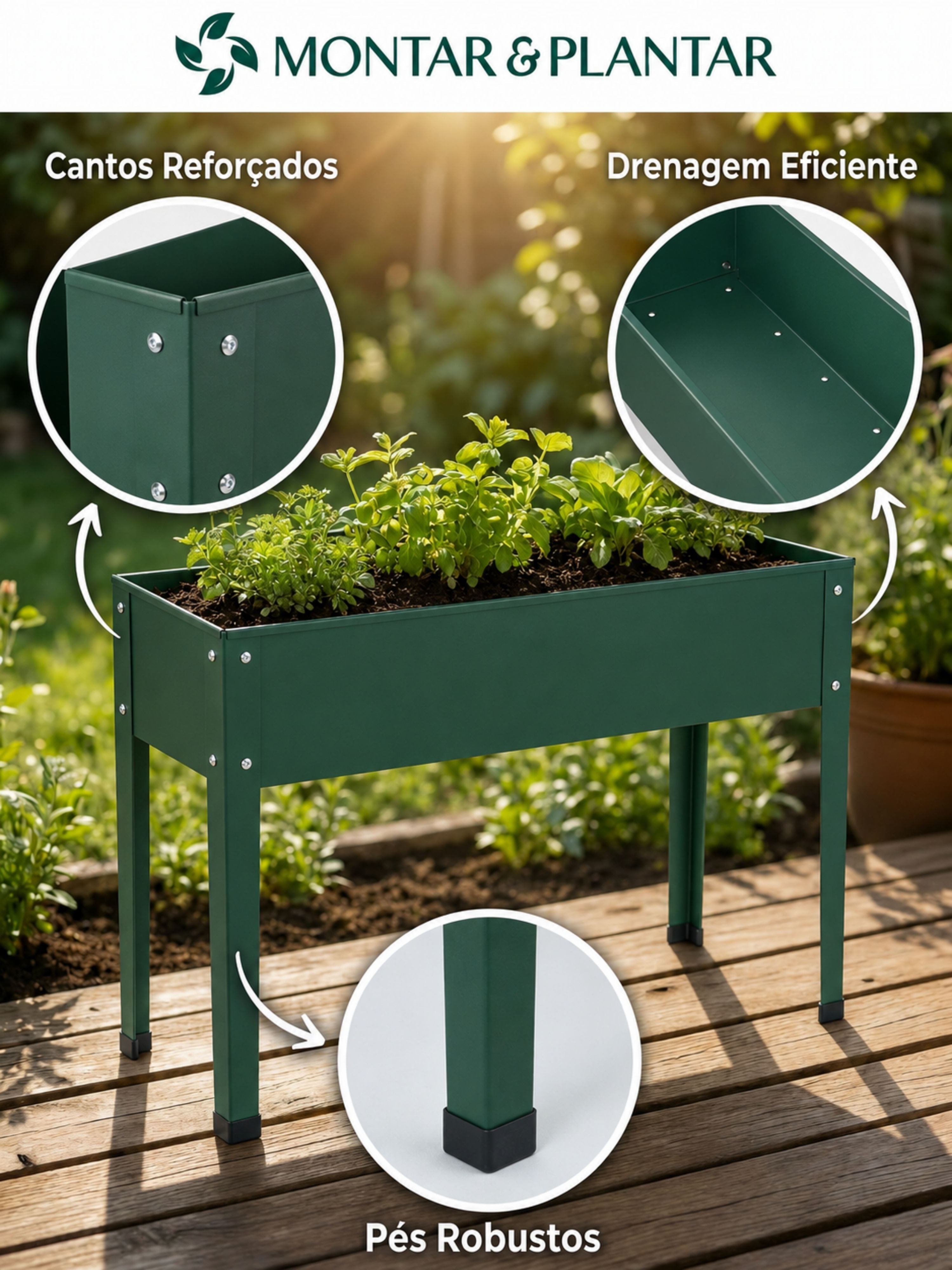 Floreira Metálica Tipo Calha com Pés 100x27cm Verde