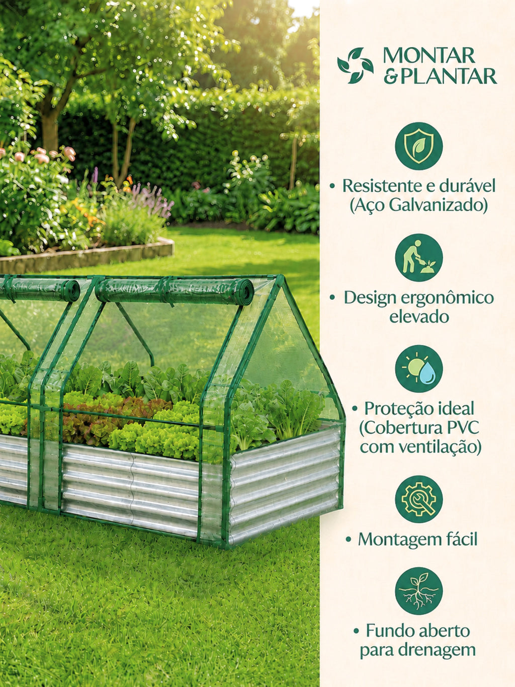 Canteiro Metálico para Jardim com Estufa 90cm x 180cm