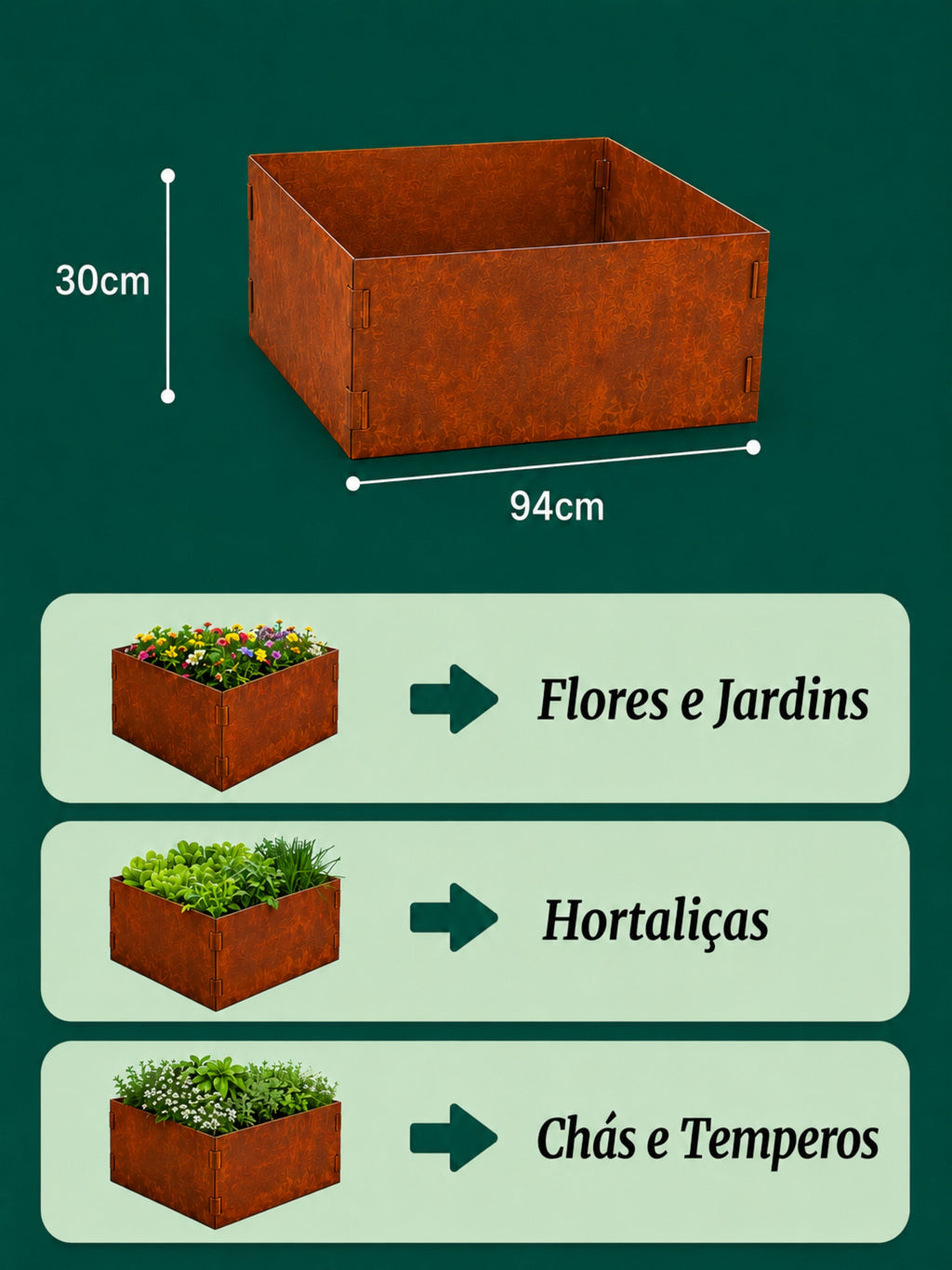 Canteiro Metálico Elevado Jardim Quadrado 94x30cm Ferrugem