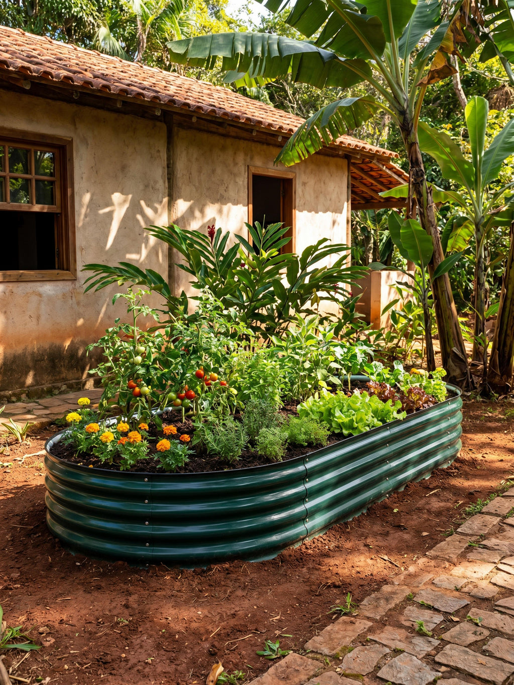 Canteiro Metálico Elevado Jardim Oval 240x120cm Verde Escuro