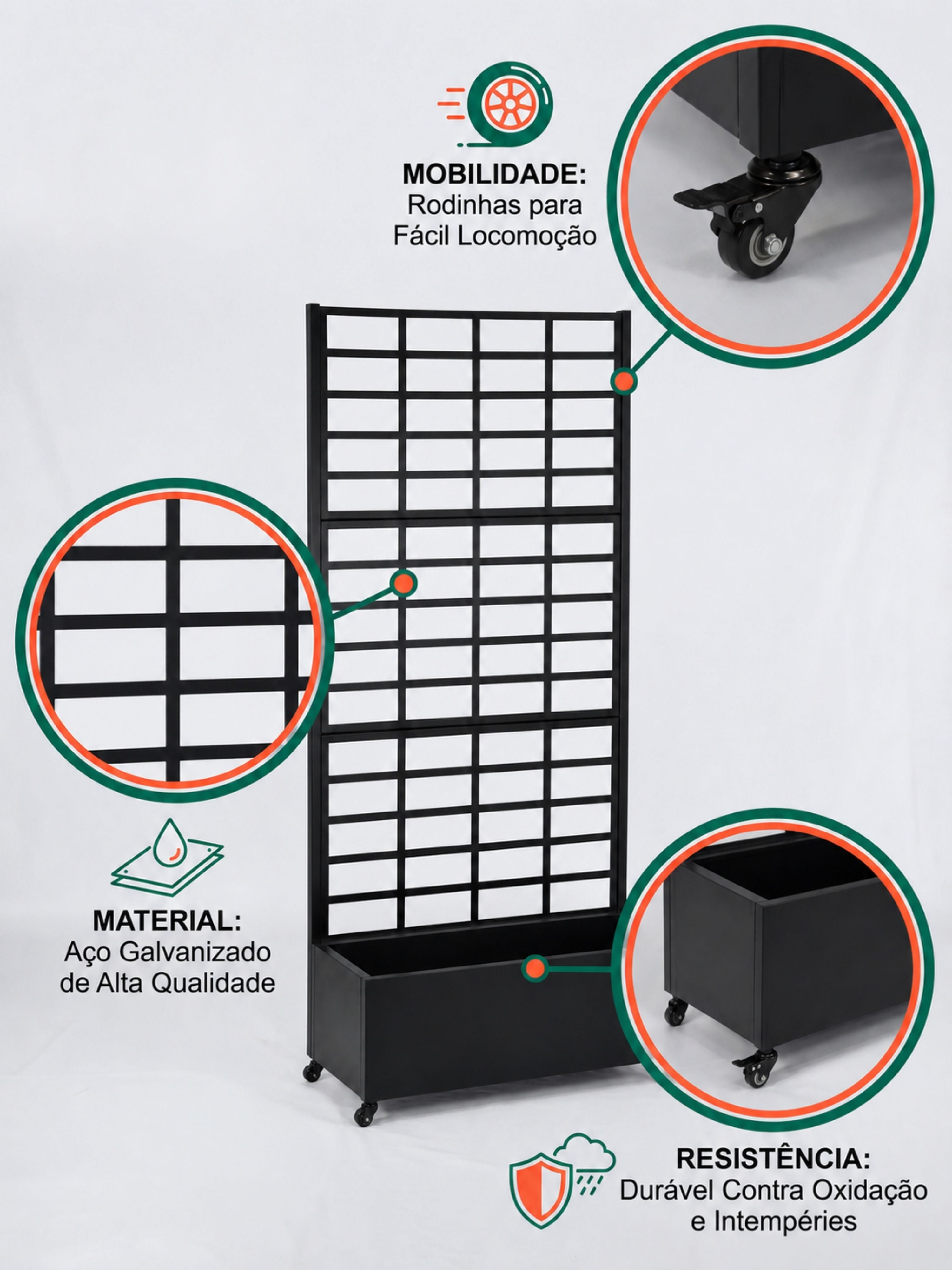 Floreira com Treliça Grid Metálica 1,80x90cm Preta