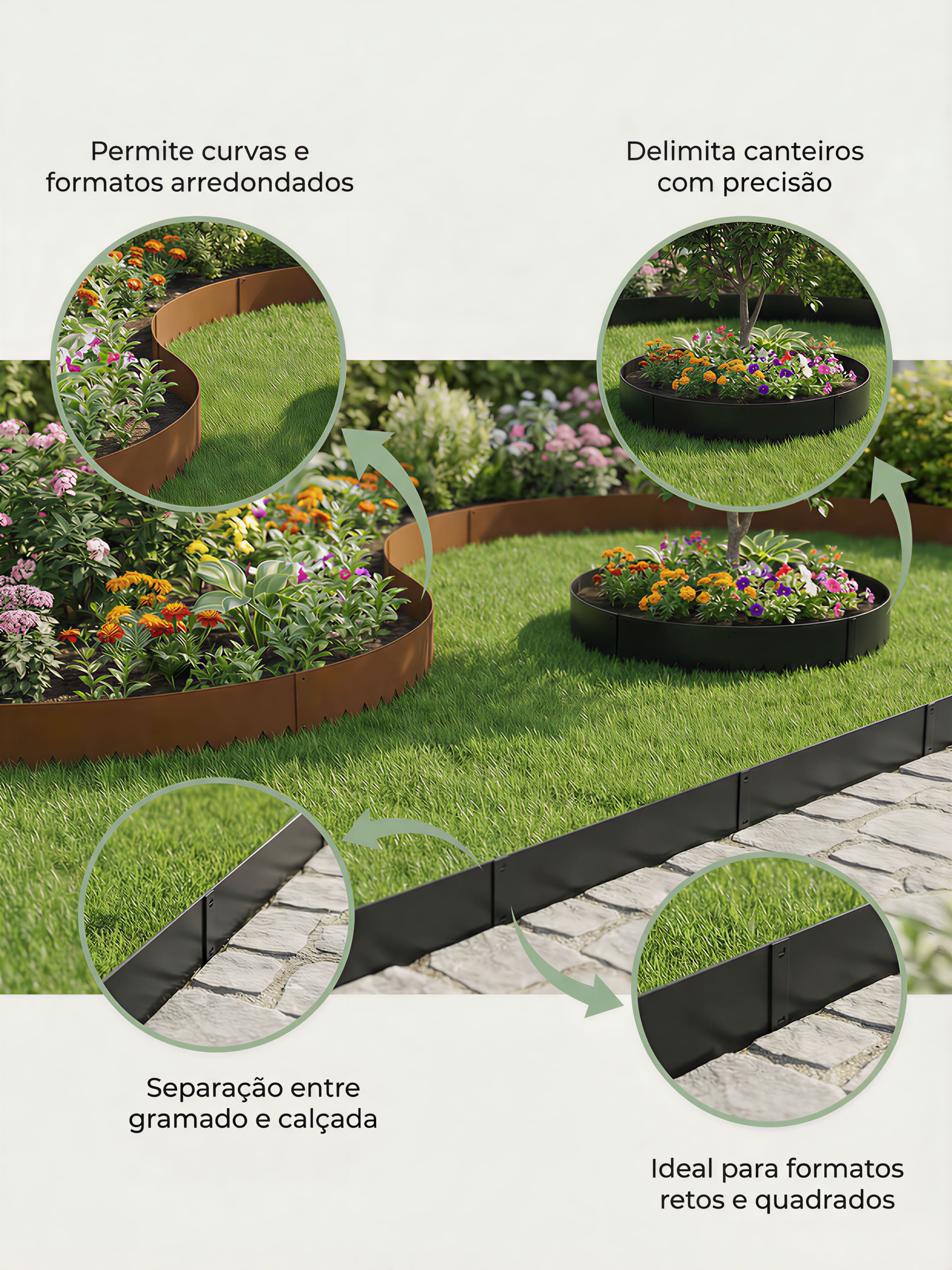 Limitador Metálico Flexível Jardim 16cm x 1,06mt Cinza 6 Pç