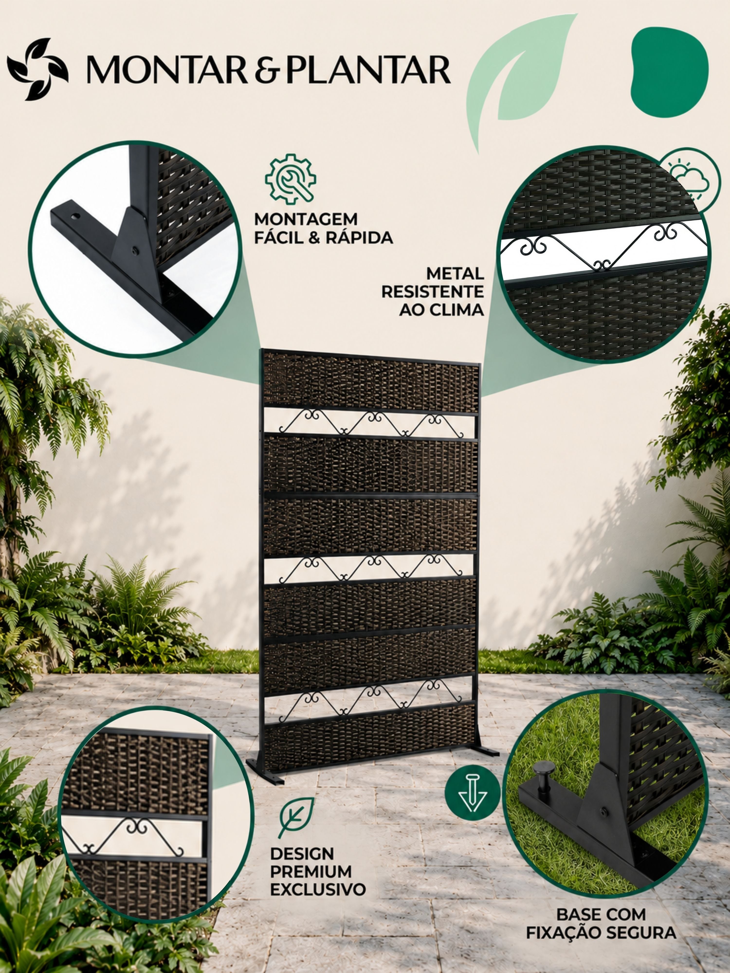 Biombo Reto Rattan Metal Interno/Externo 1,8x1,2mt Marrom