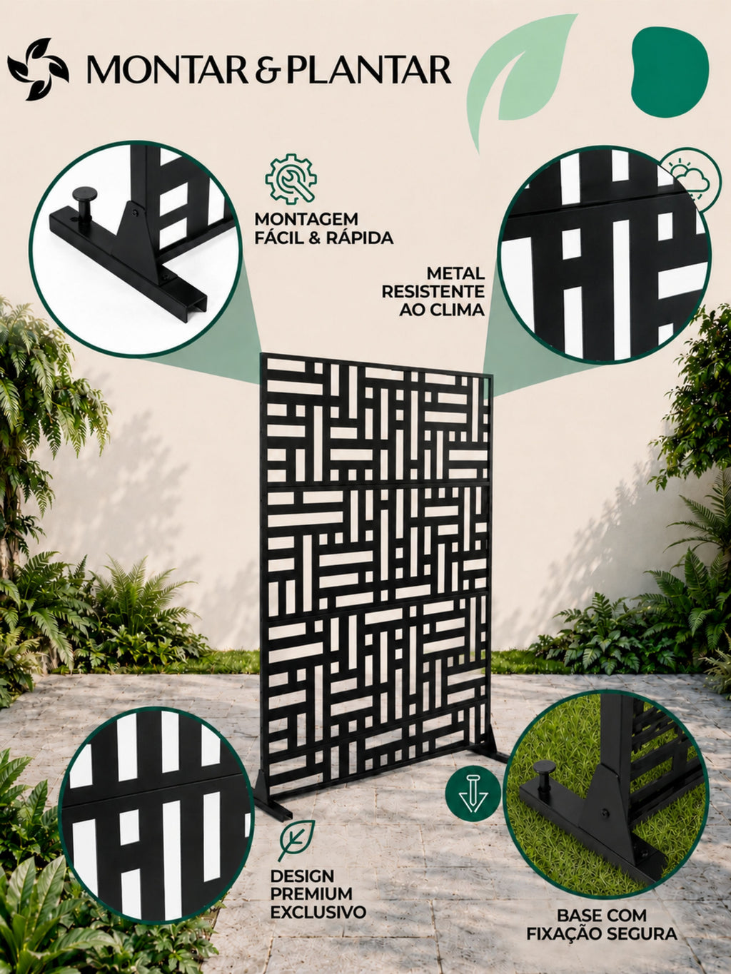 Biombo Reto Mosaico de Metal Interno/Externo 1,8x1,2mt Preto