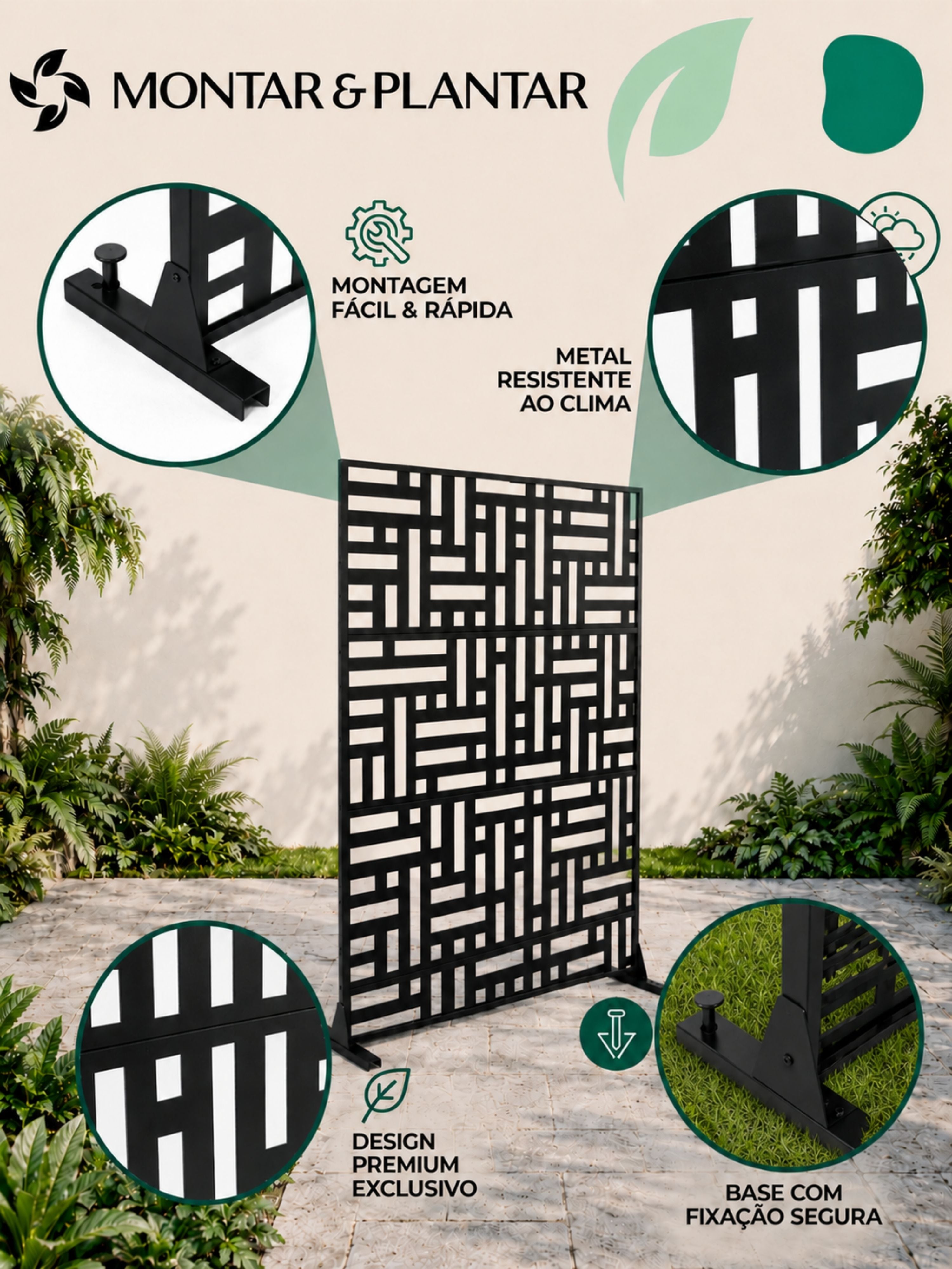 Biombo Reto Mosaico de Metal Interno/Externo 1,8x1,2mt Preto