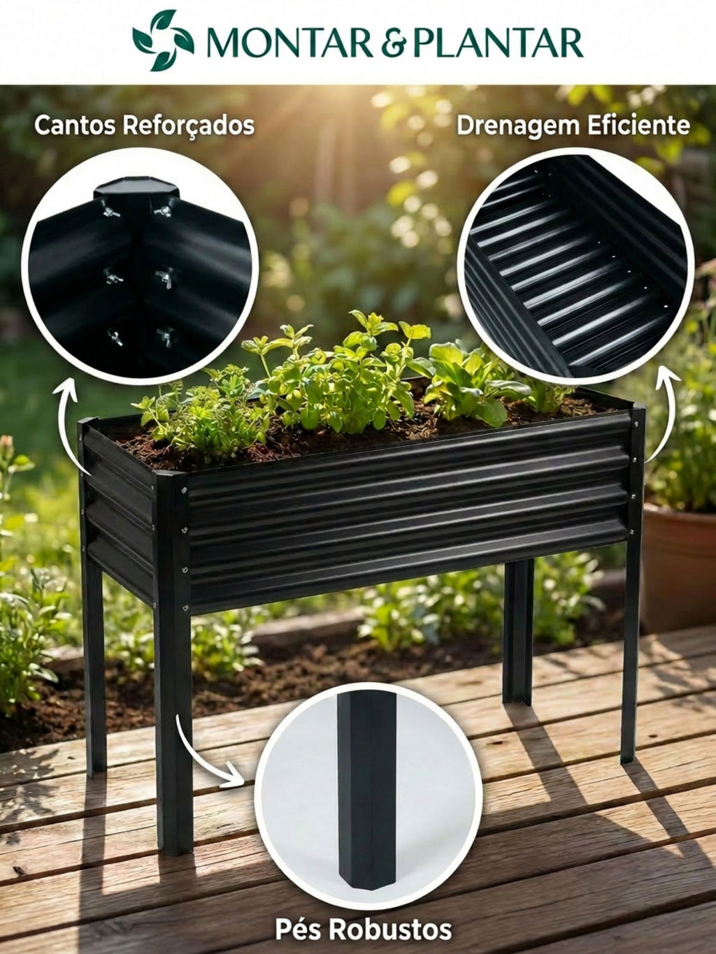Floreira Metálica com Pés para Jardim 120x45cm Preta