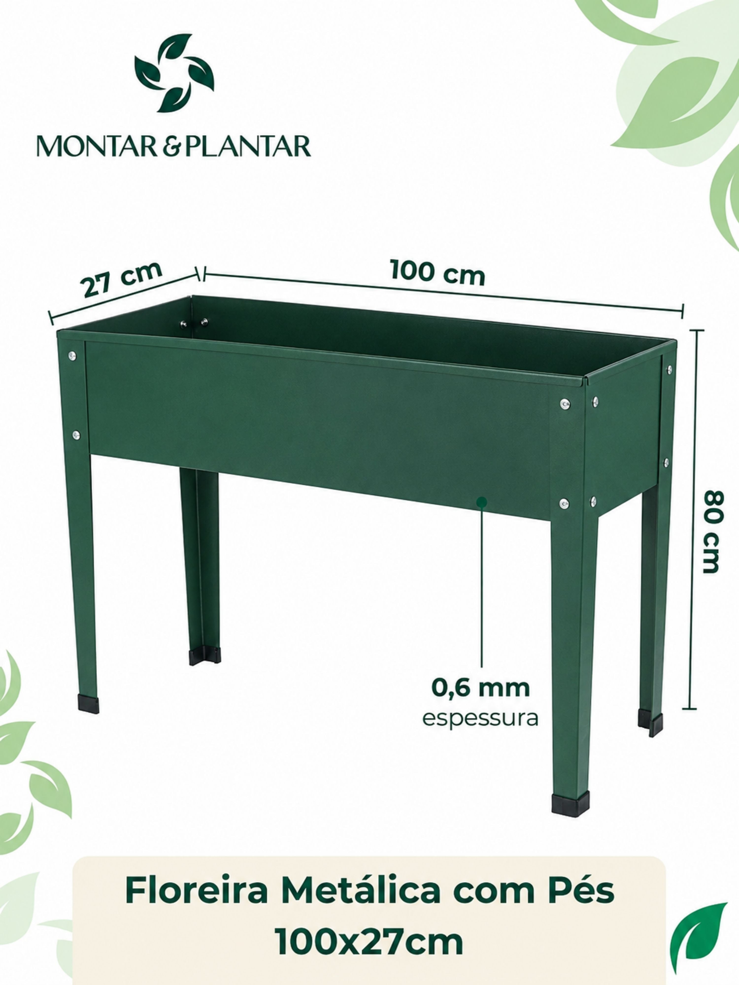 Floreira Metálica Tipo Calha com Pés 100x27cm Verde