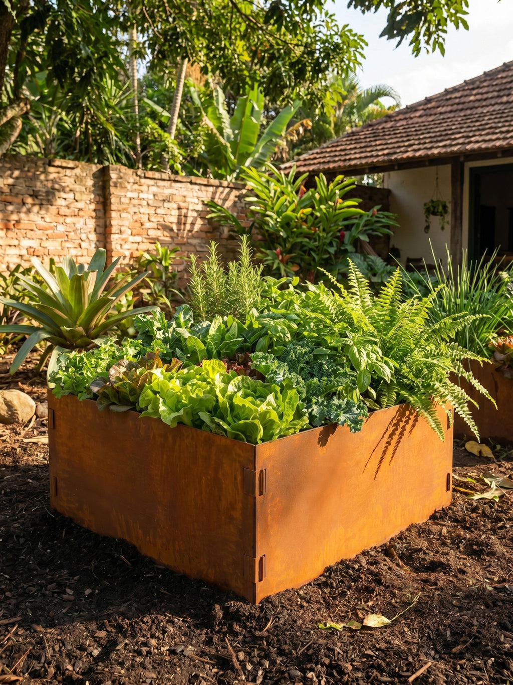 Canteiro Metálico Elevado Jardim Quadrado 94x30cm Ferrugem