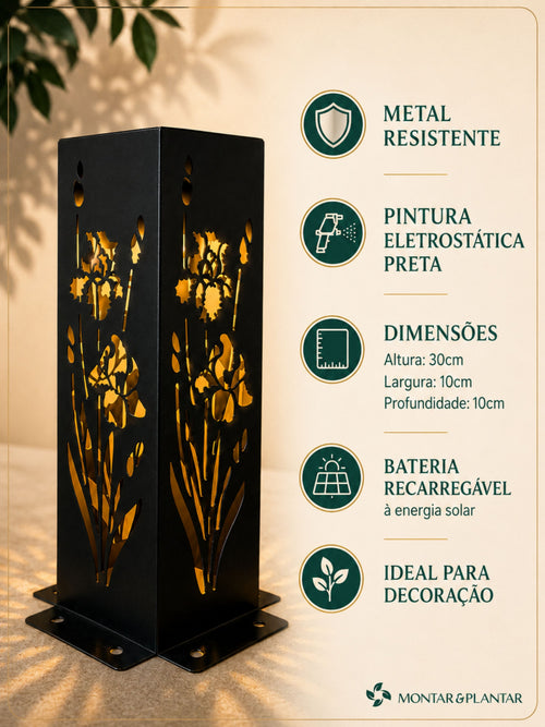 Poste Solar Floreado em Metal 10x10x30cm Preto