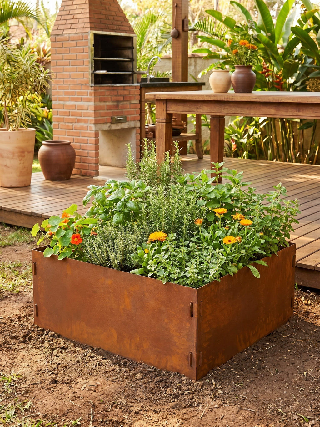 Canteiro Metálico Elevado Jardim Quadrado 94x30cm Ferrugem