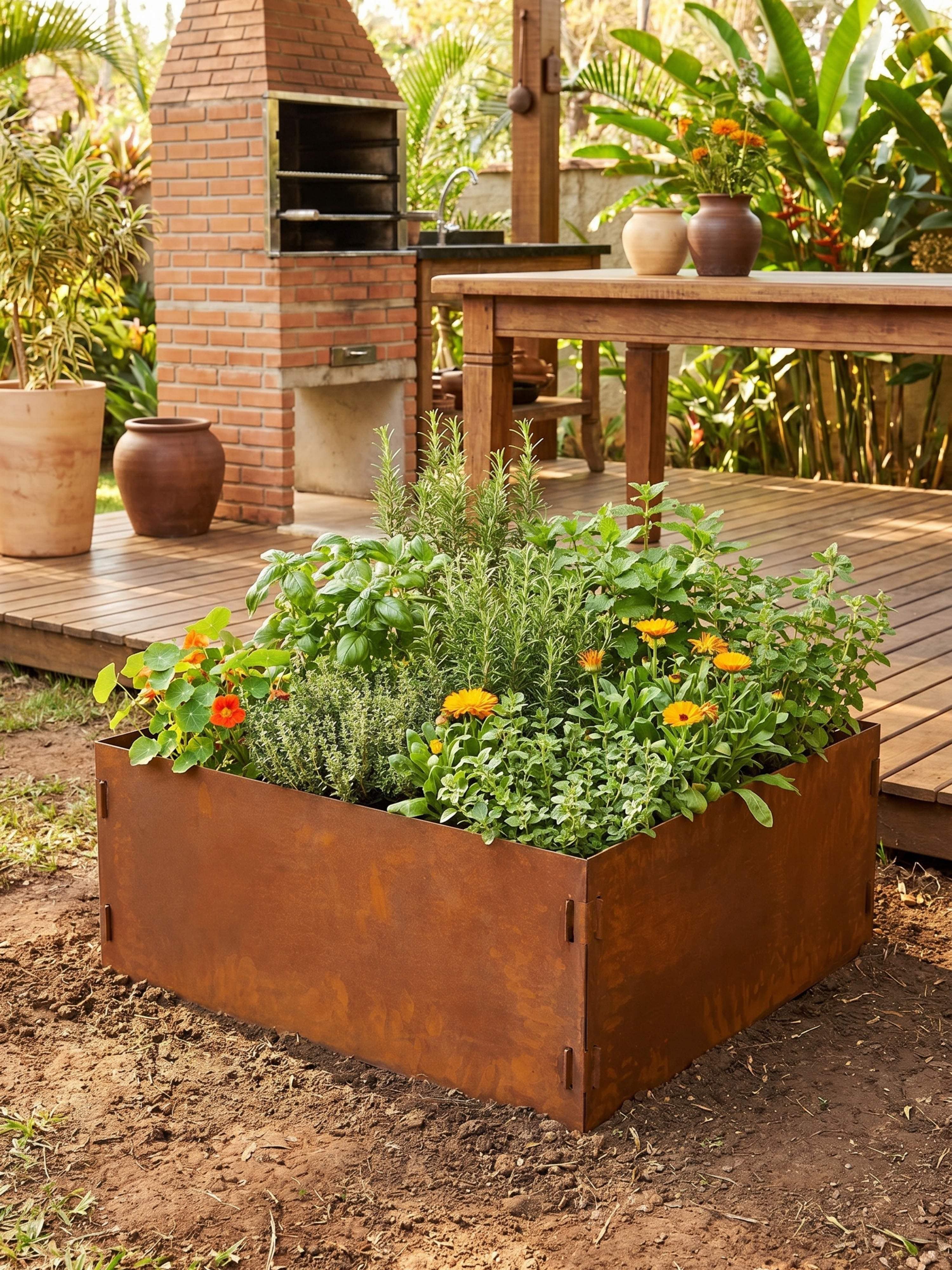 Canteiro Metálico Elevado Jardim Quadrado 94x30cm Ferrugem