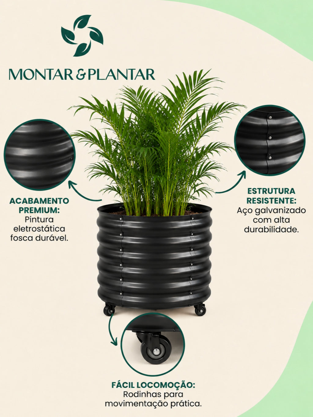 Vaso Metálico com Rodinhas para Plantas 60x60cm Preto