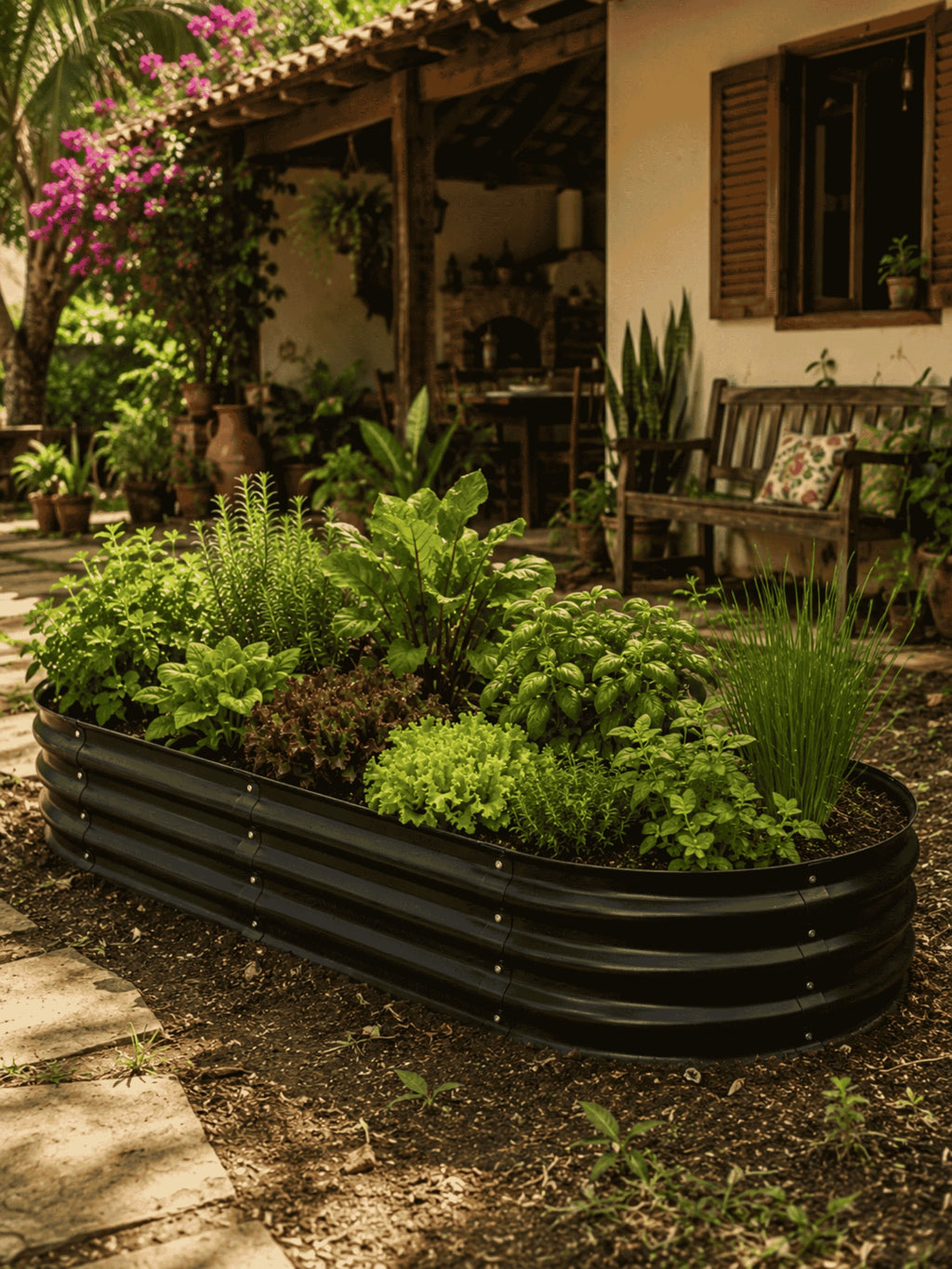 Canteiro Metálico Elevado para Jardim Oval 160x80cm Preto