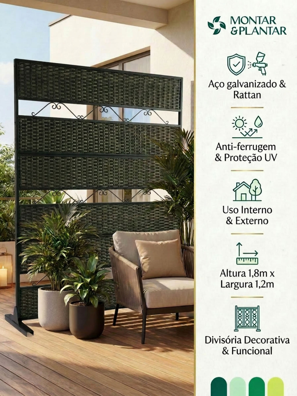 Biombo Reto Rattan Metal Interno/Externo 1,8x1,2mt Marrom