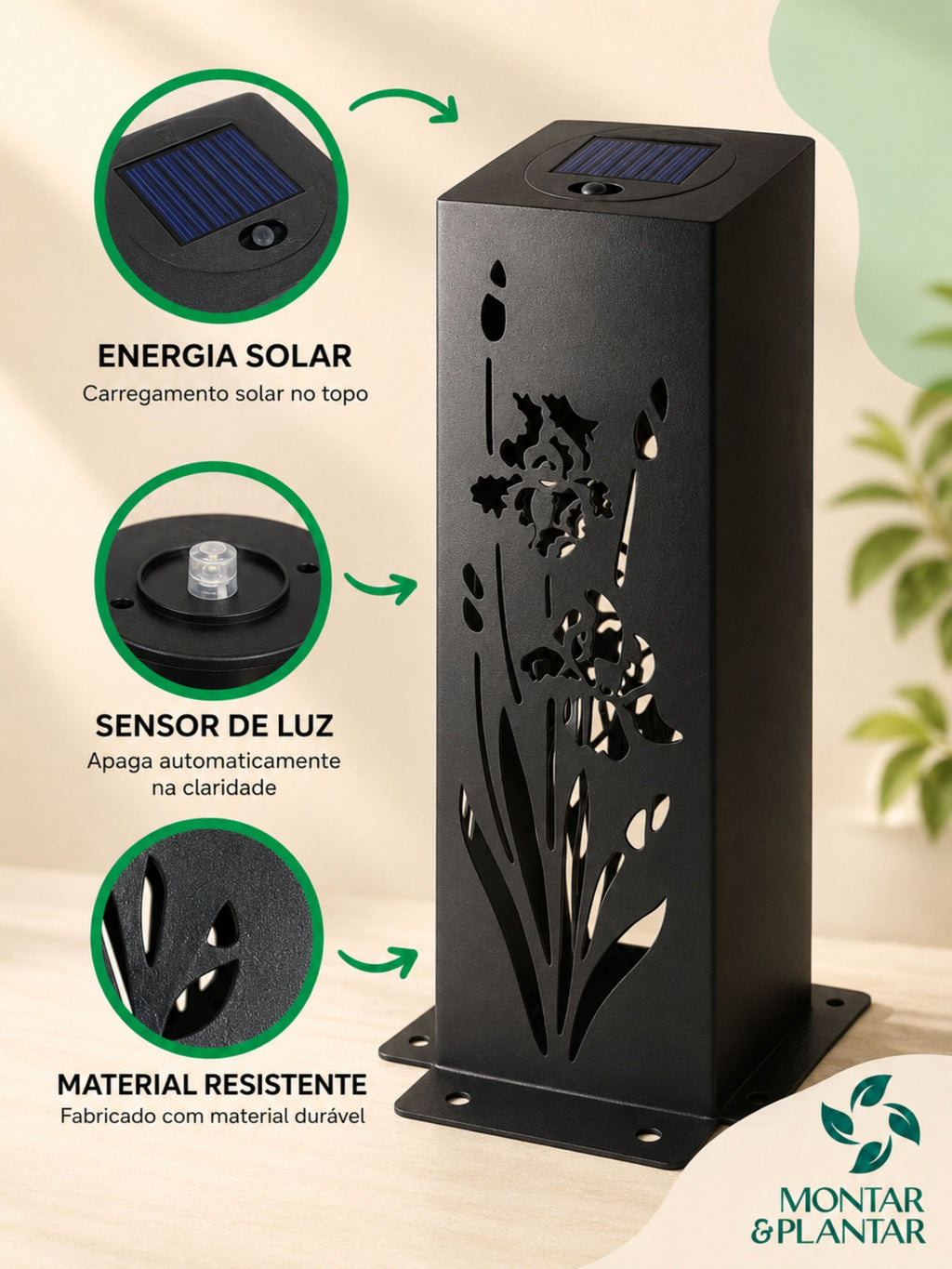 Poste Solar Floreado em Metal 10x10x30cm Preto
