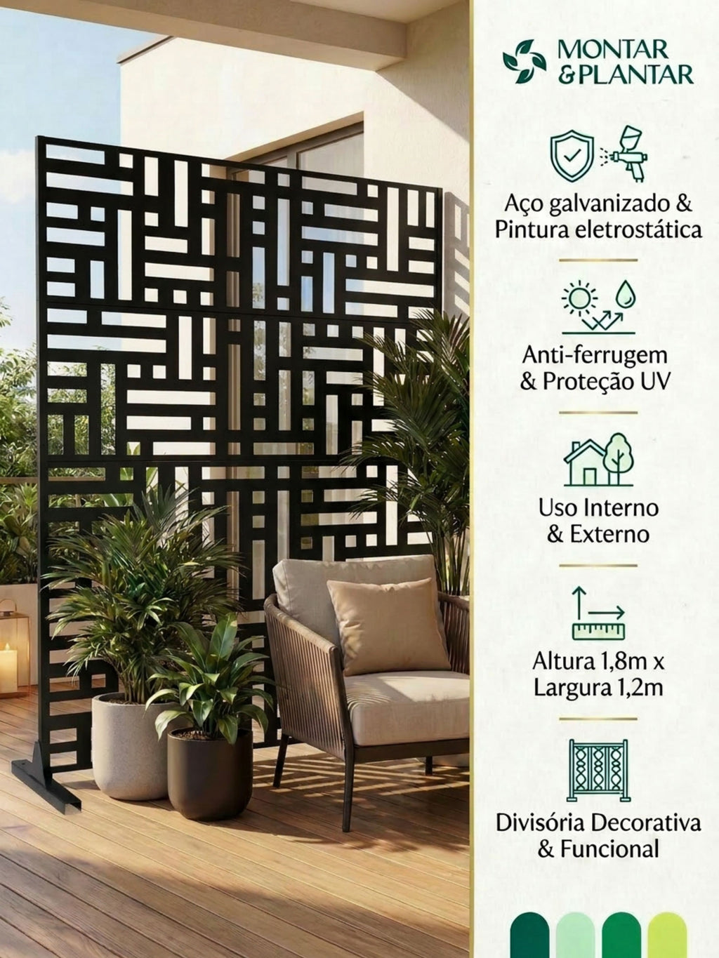 Biombo Reto Mosaico de Metal Interno/Externo 1,8x1,2mt Preto