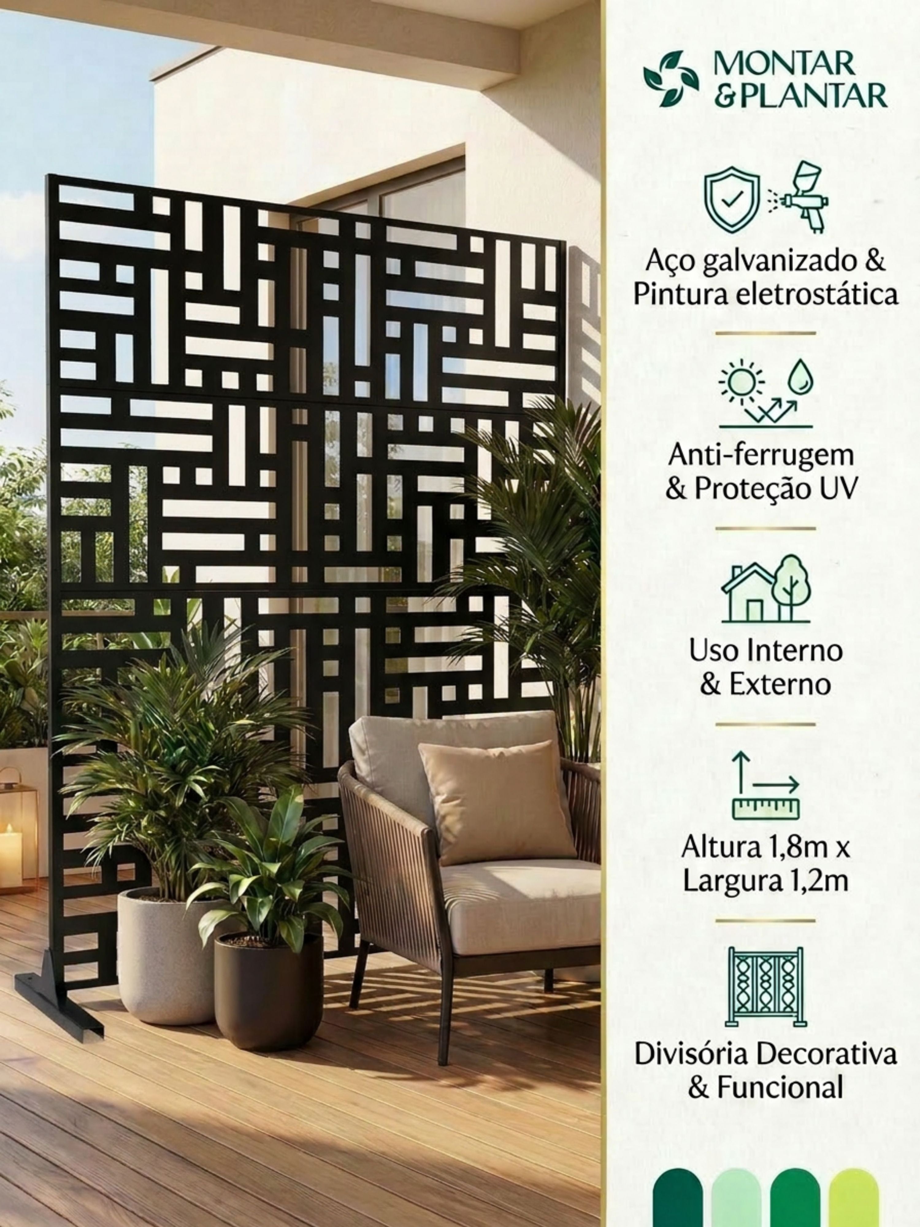 Biombo Reto Mosaico de Metal Interno/Externo 1,8x1,2mt Preto