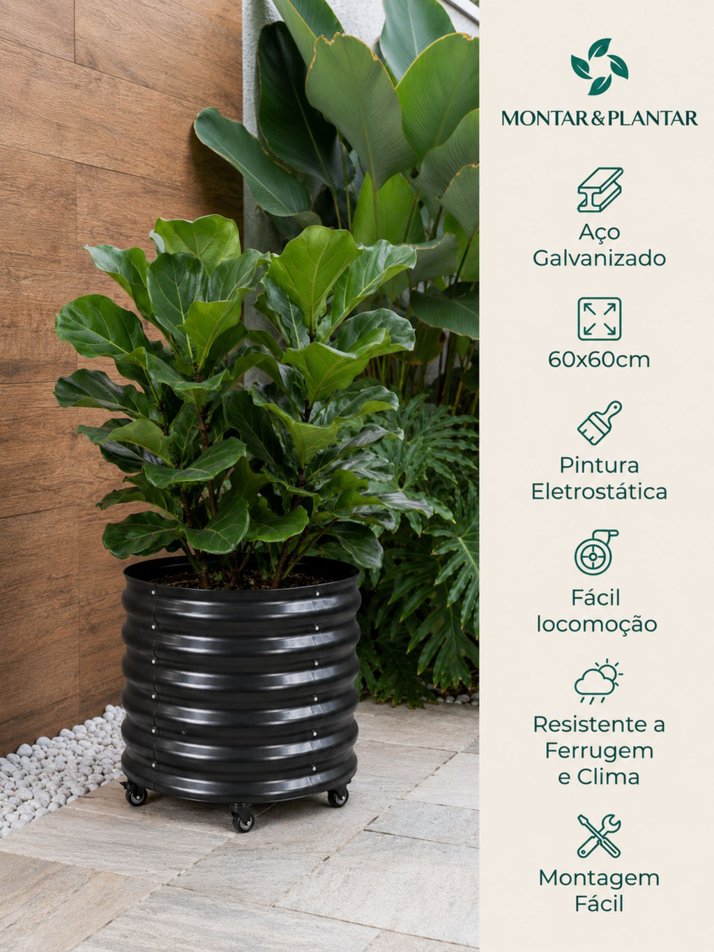 Vaso Metálico com Rodinhas para Plantas 60x60cm Preto