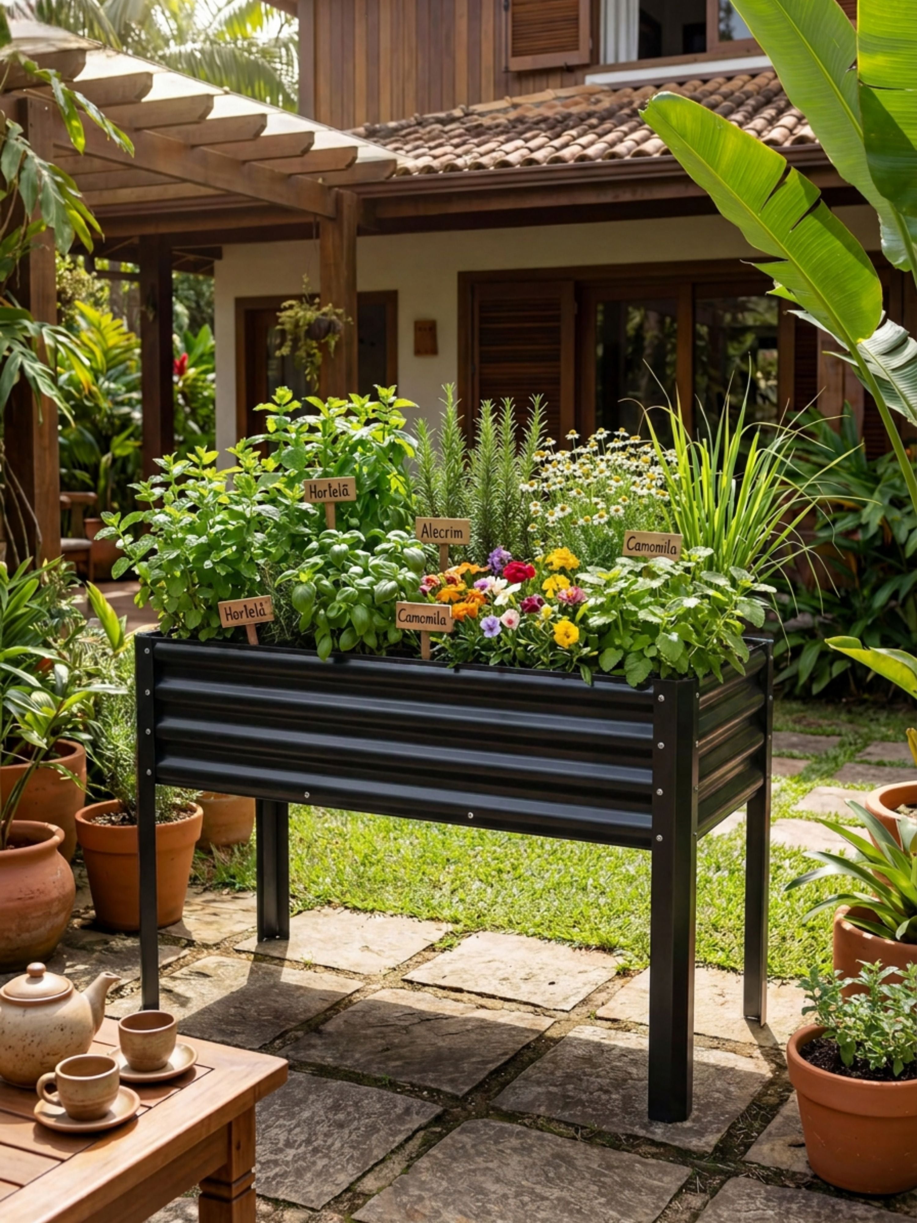 Floreira Metálica com Pés para Jardim 120x45cm Preta