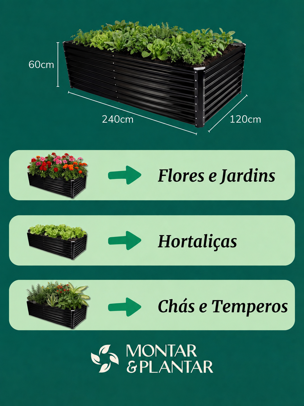 Canteiro Metálico Elevado Jardim Retangular Alto 240x120cm