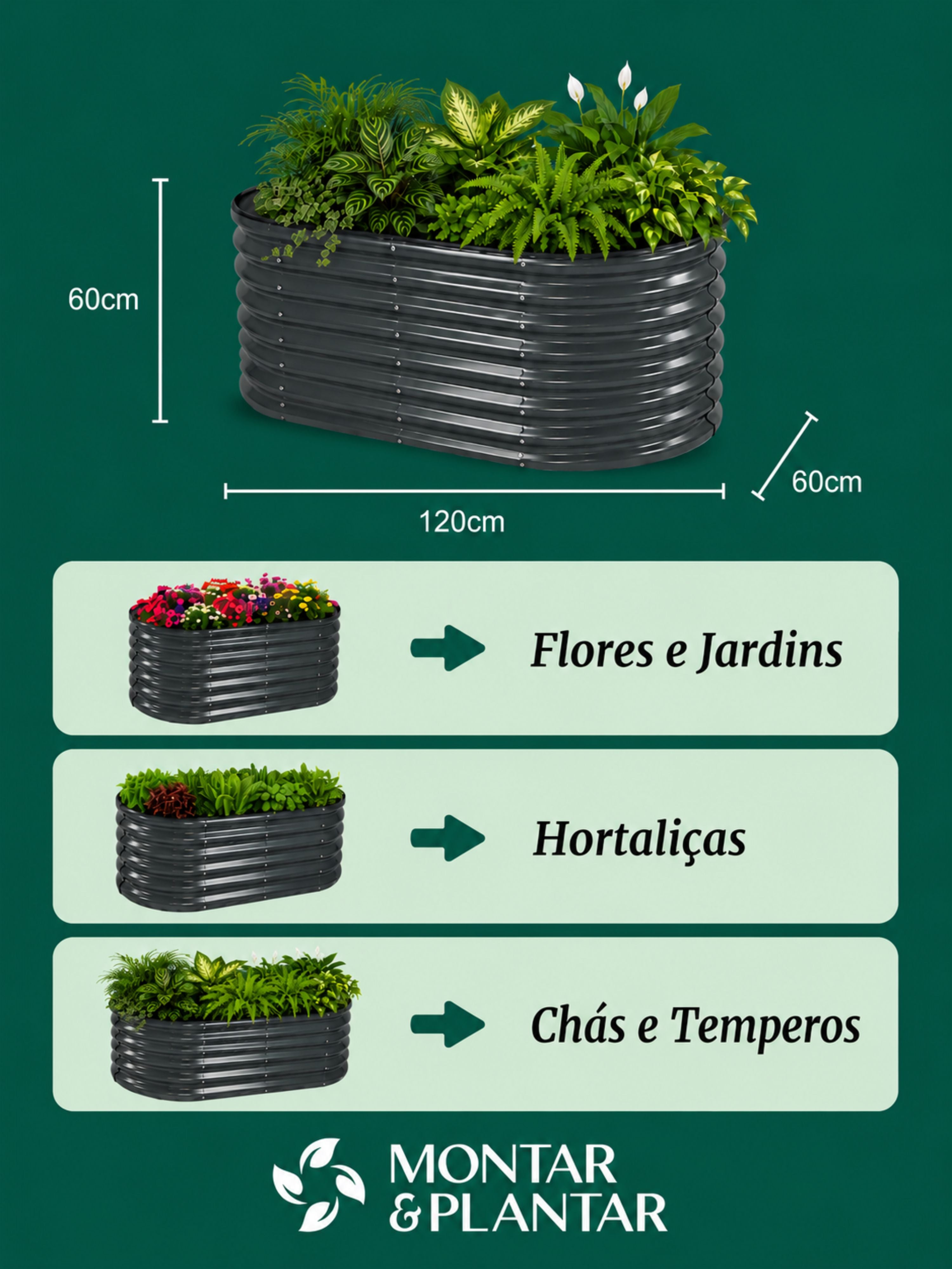 Canteiro Metálico  Alto para Jardim Oval 120x60cm Cinza