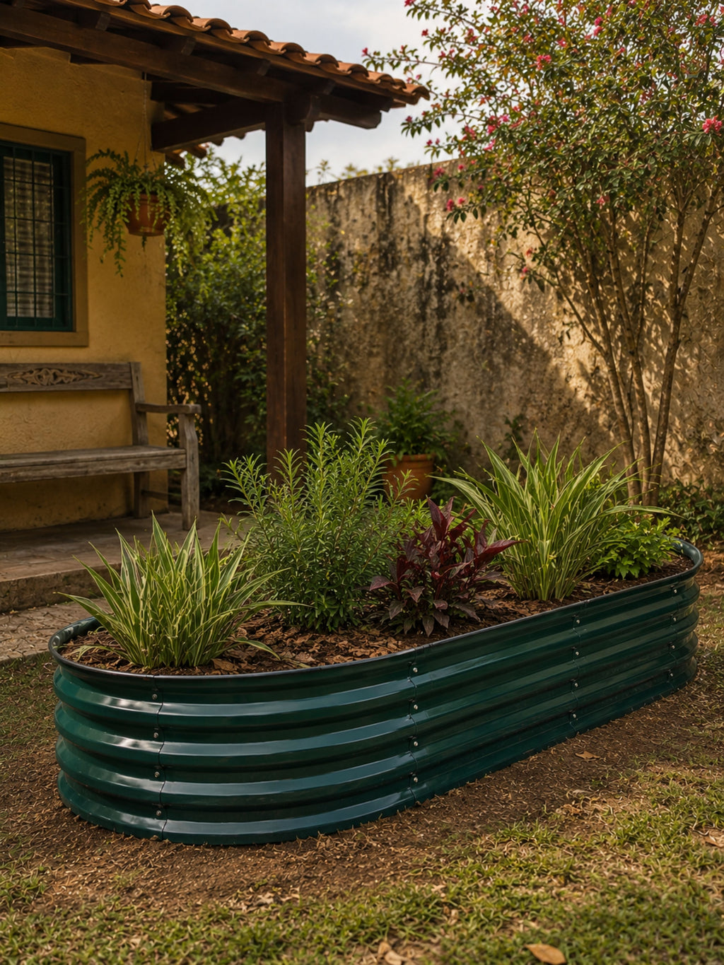 Canteiro Metálico Elevado Jardim Oval 240x120cm Verde Escuro