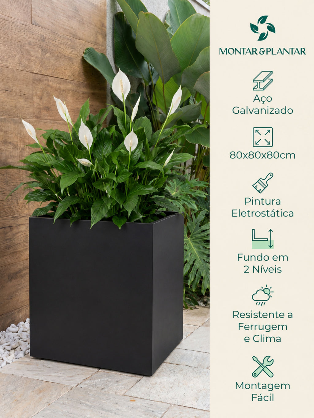 Vaso Metálico Caixa Alta Cubo para Plantas 80cm Preto