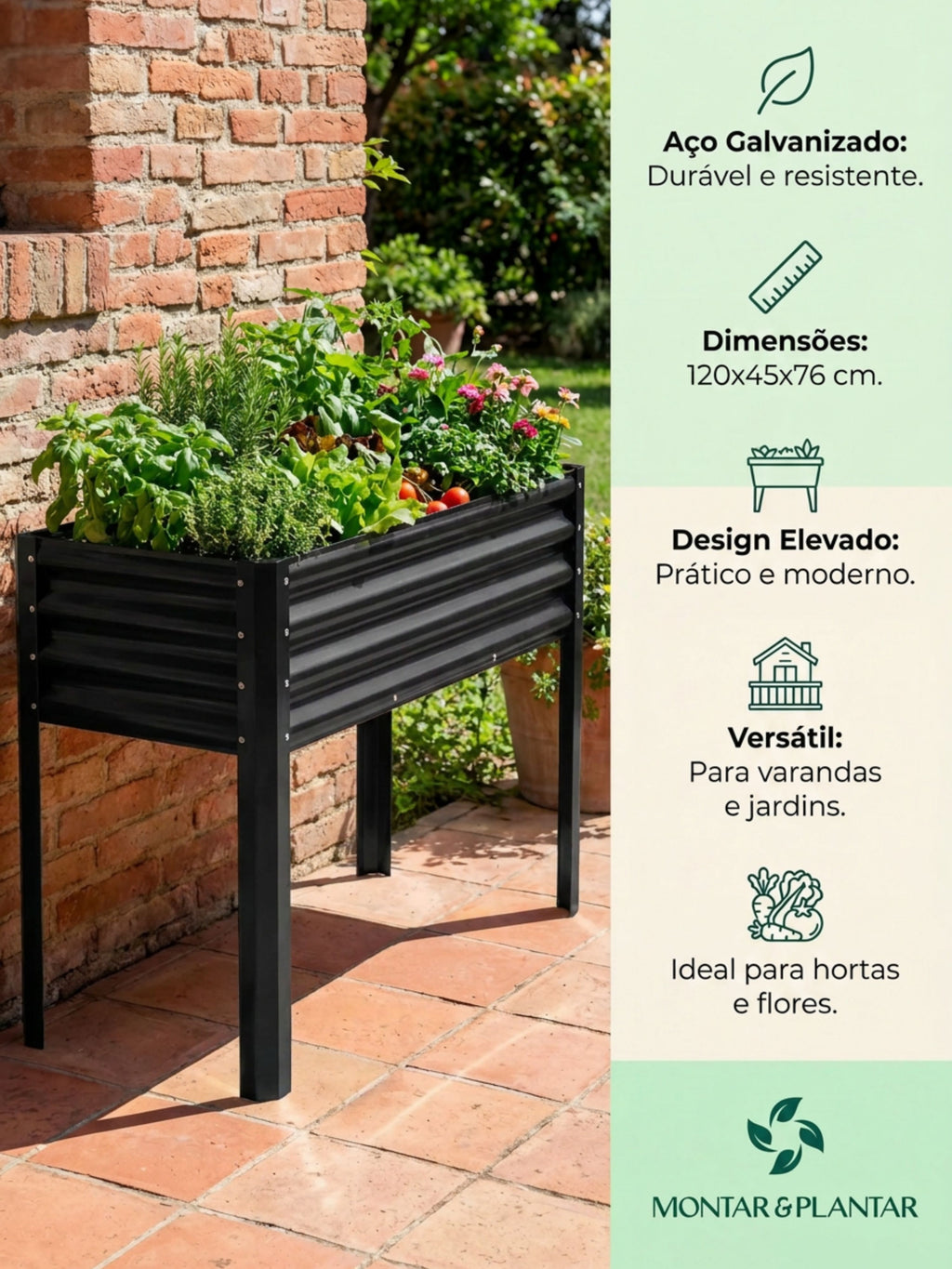 Floreira Metálica com Pés para Jardim 120x45cm Preta