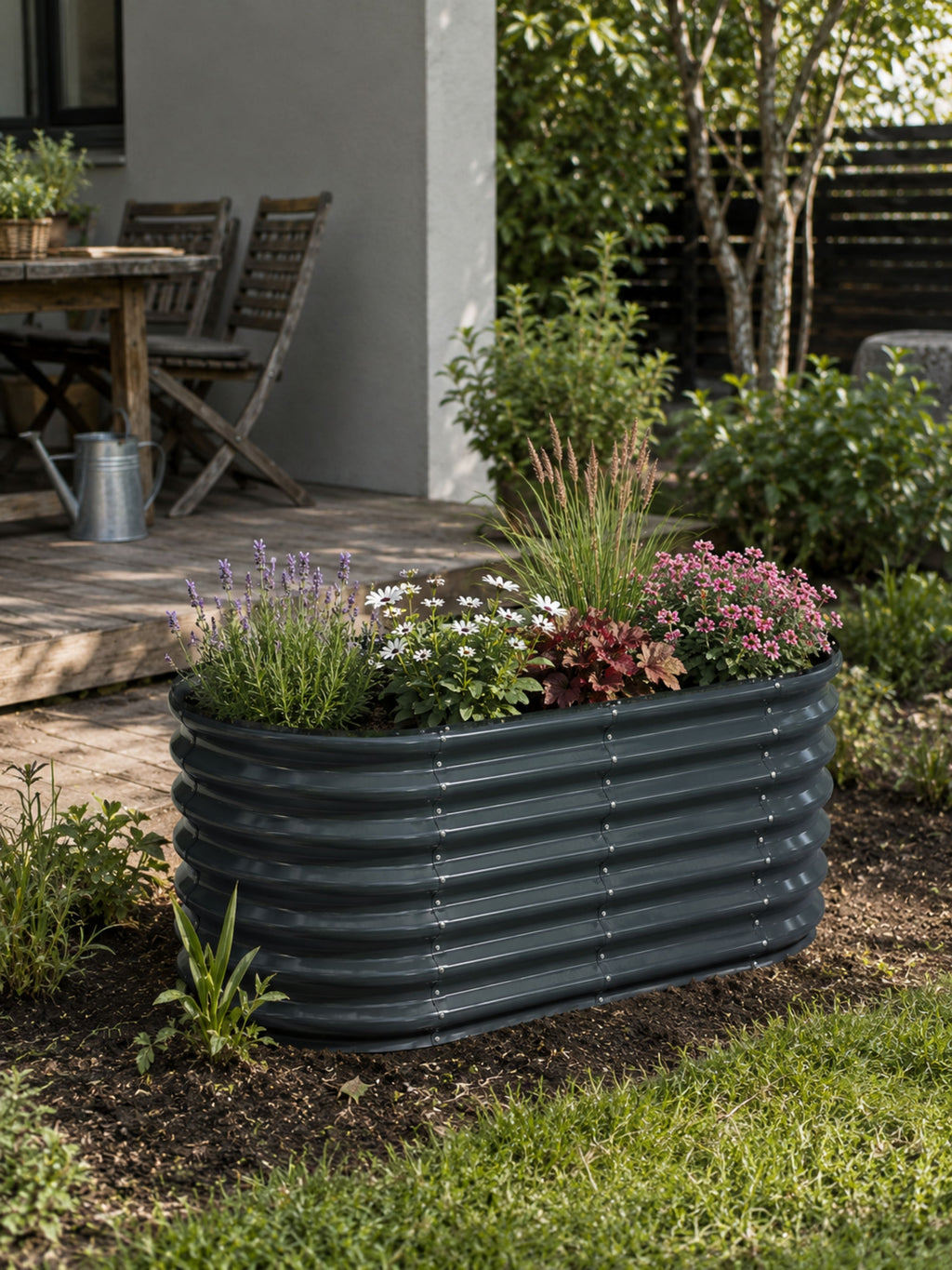 Canteiro Metálico  Alto para Jardim Oval 120x60cm Cinza