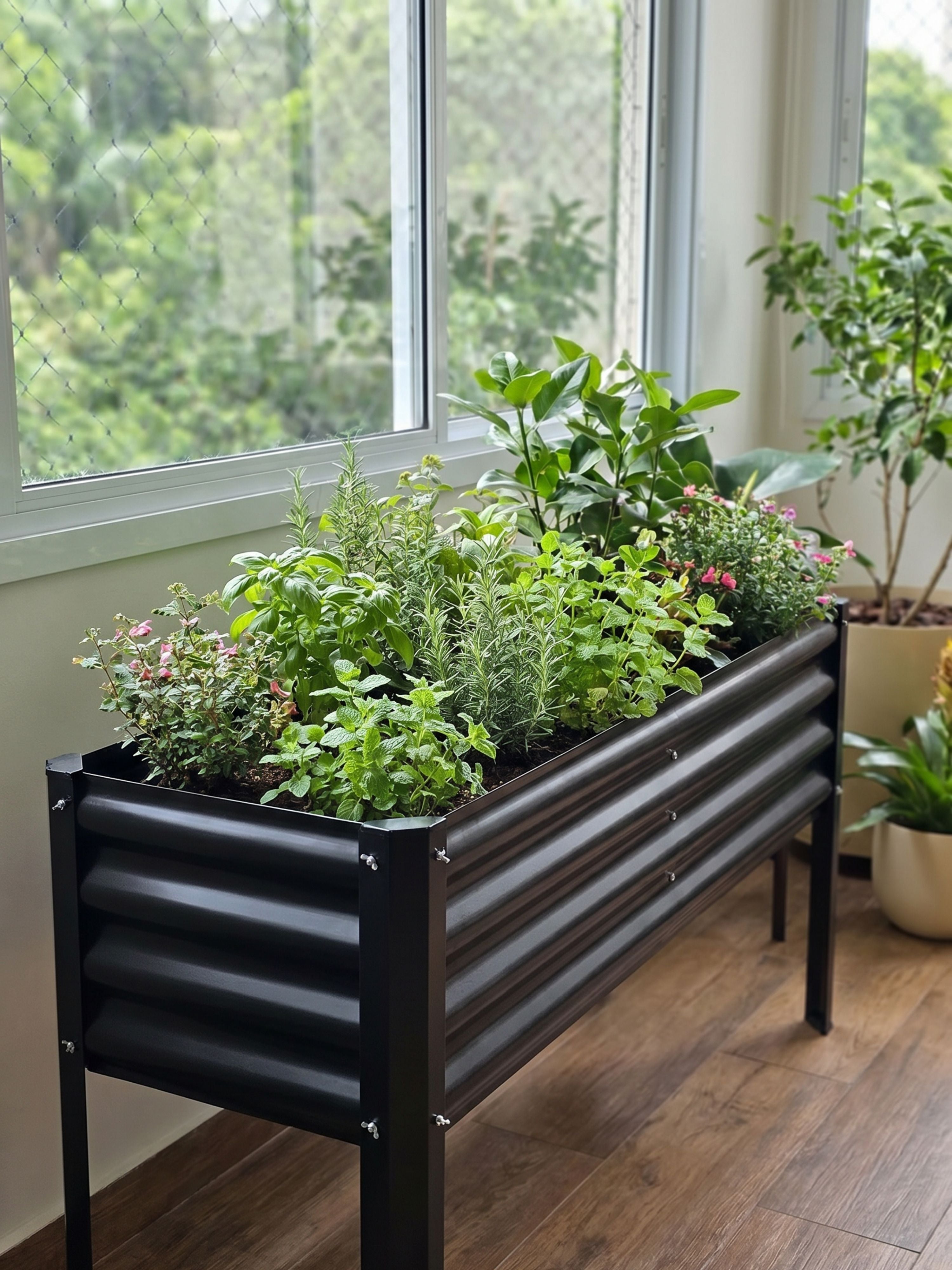 Floreira Metálica com Pés para Jardim 120x45cm Preta