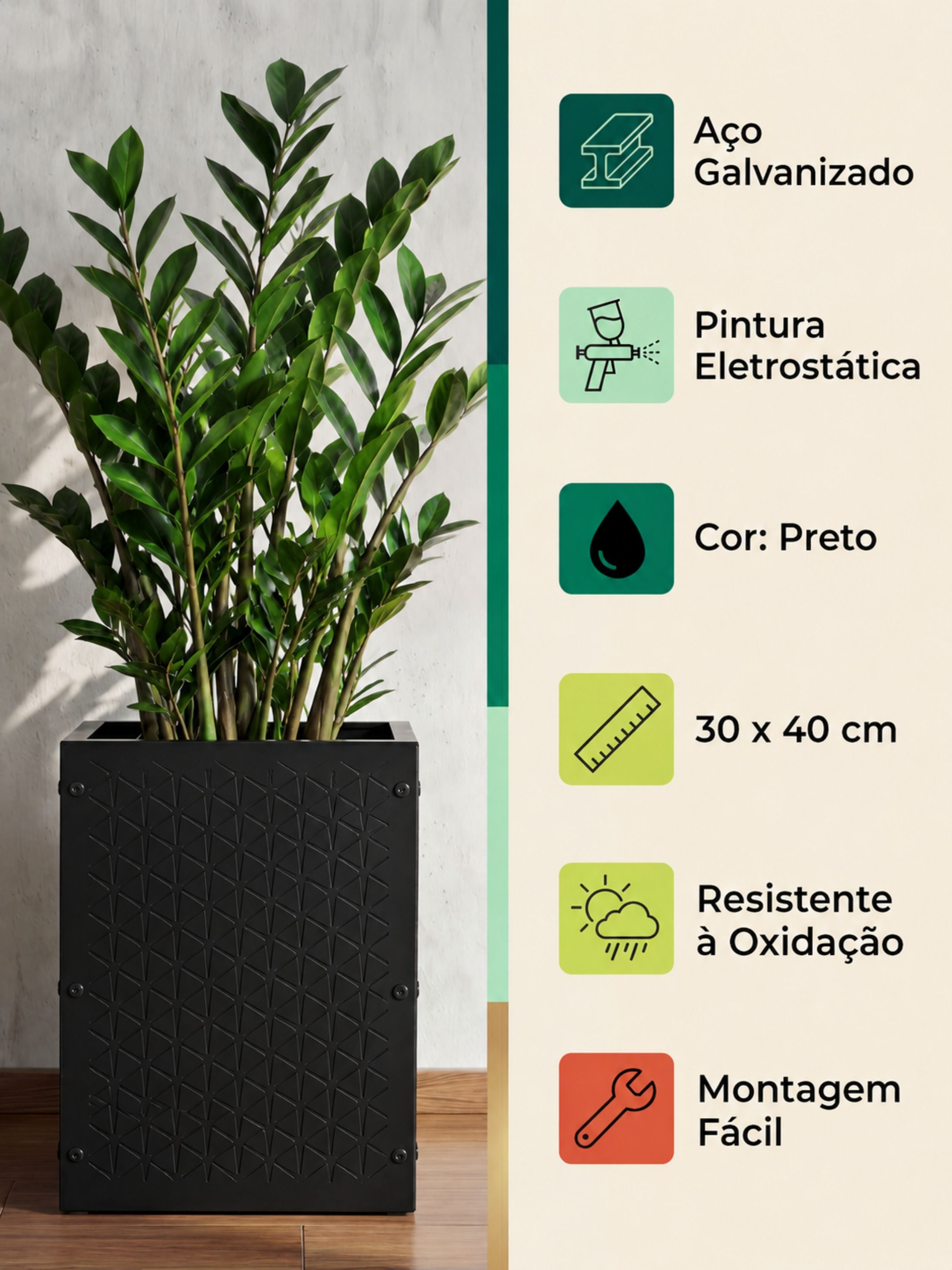 Vaso Metálico Texturizado para Plantas 30x40cm Preto