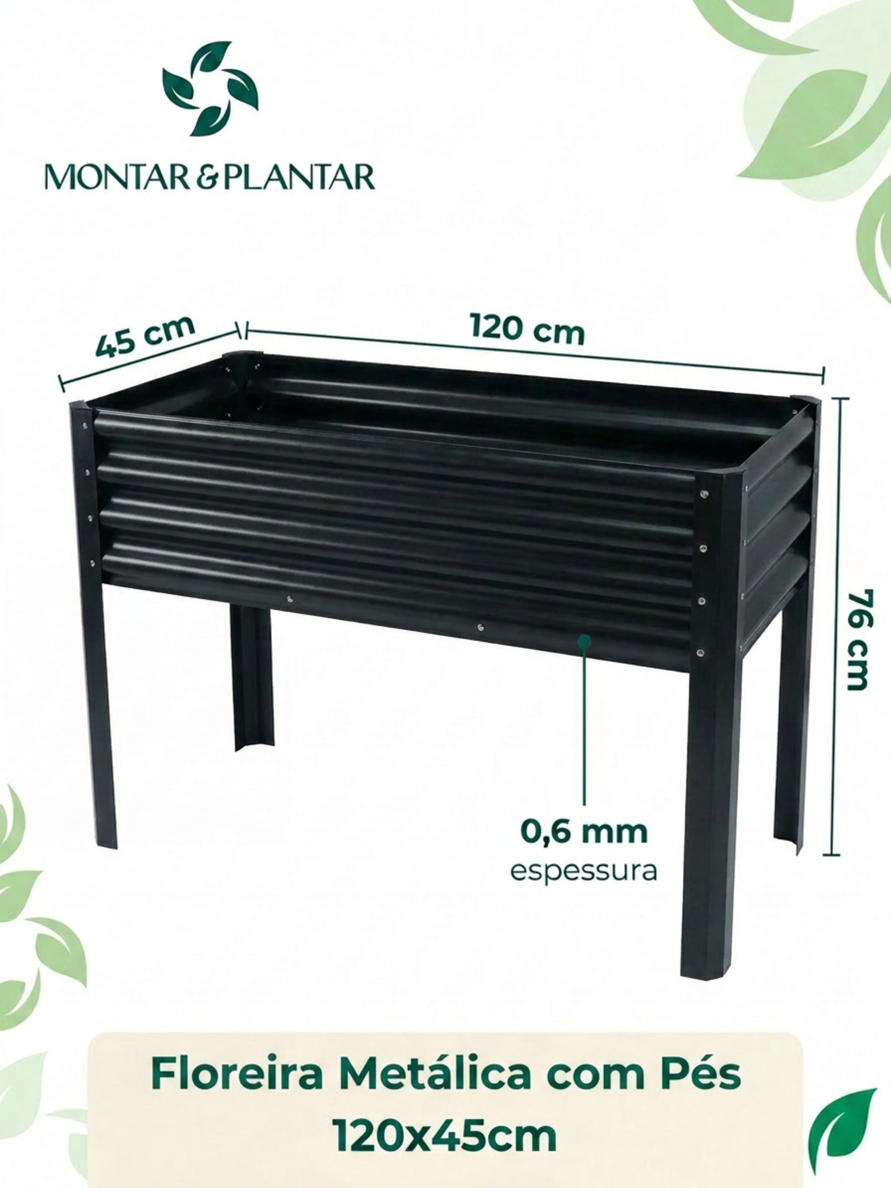 Floreira Metálica com Pés para Jardim 120x45cm Preta