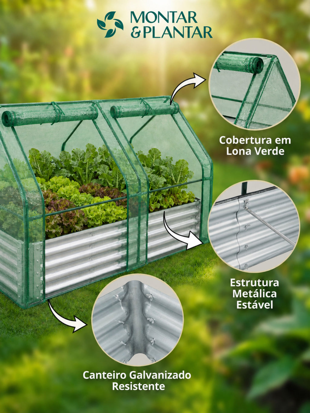 Canteiro Metálico para Jardim com Estufa 90cm x 180cm