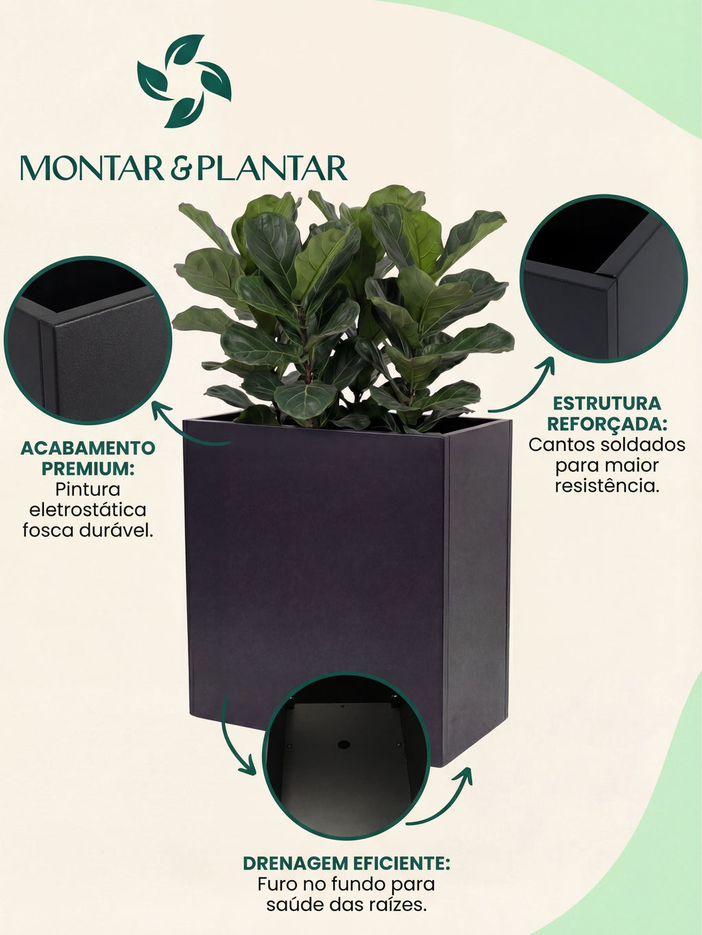 Vaso Metálico Caixa Alta Cubo para Plantas 80cm Preto