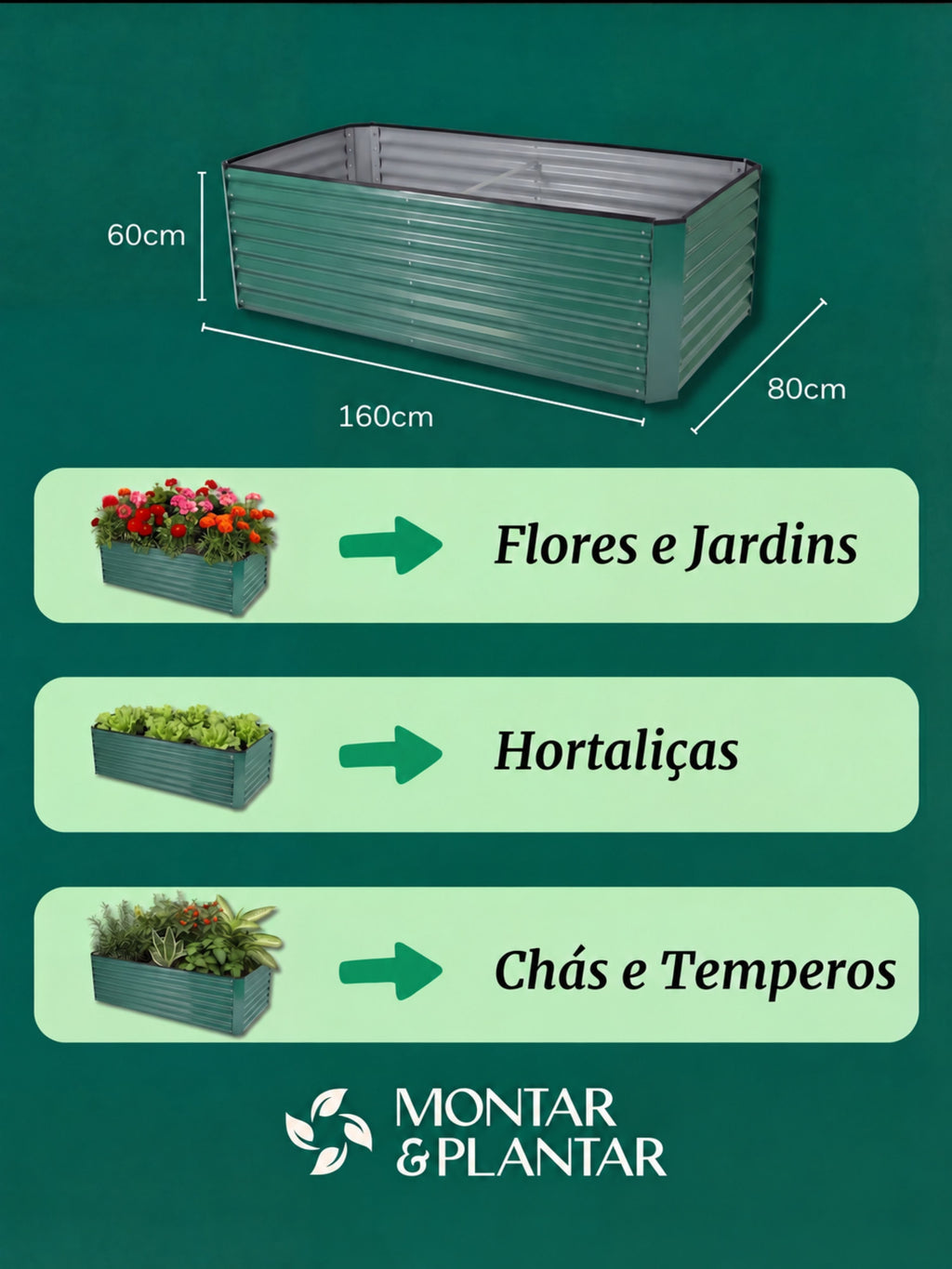 Canteiro Metálico para Jardim Retangular 160x80cm Verde