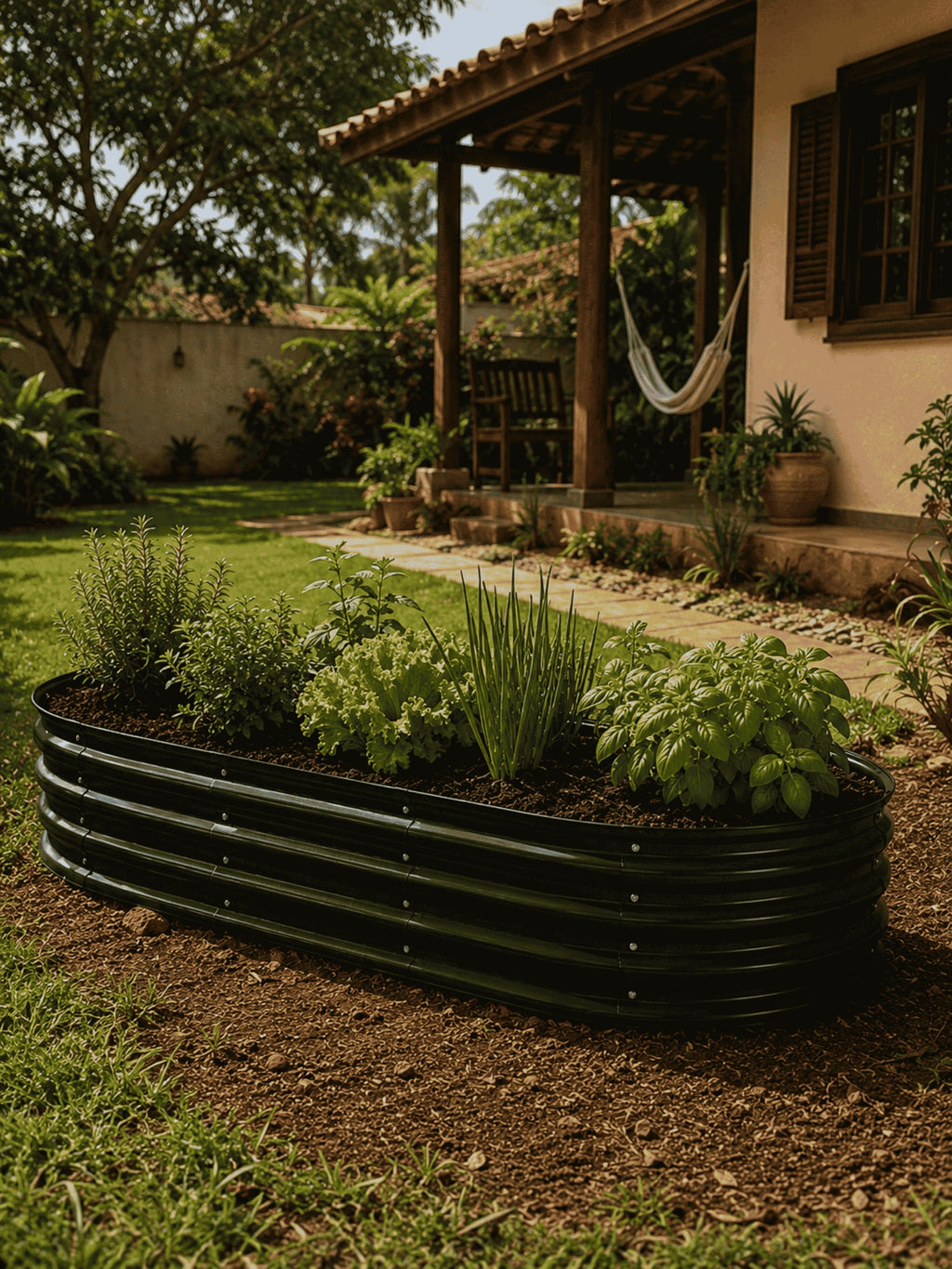 Canteiro Metálico Elevado para Jardim Oval 160x80cm Preto