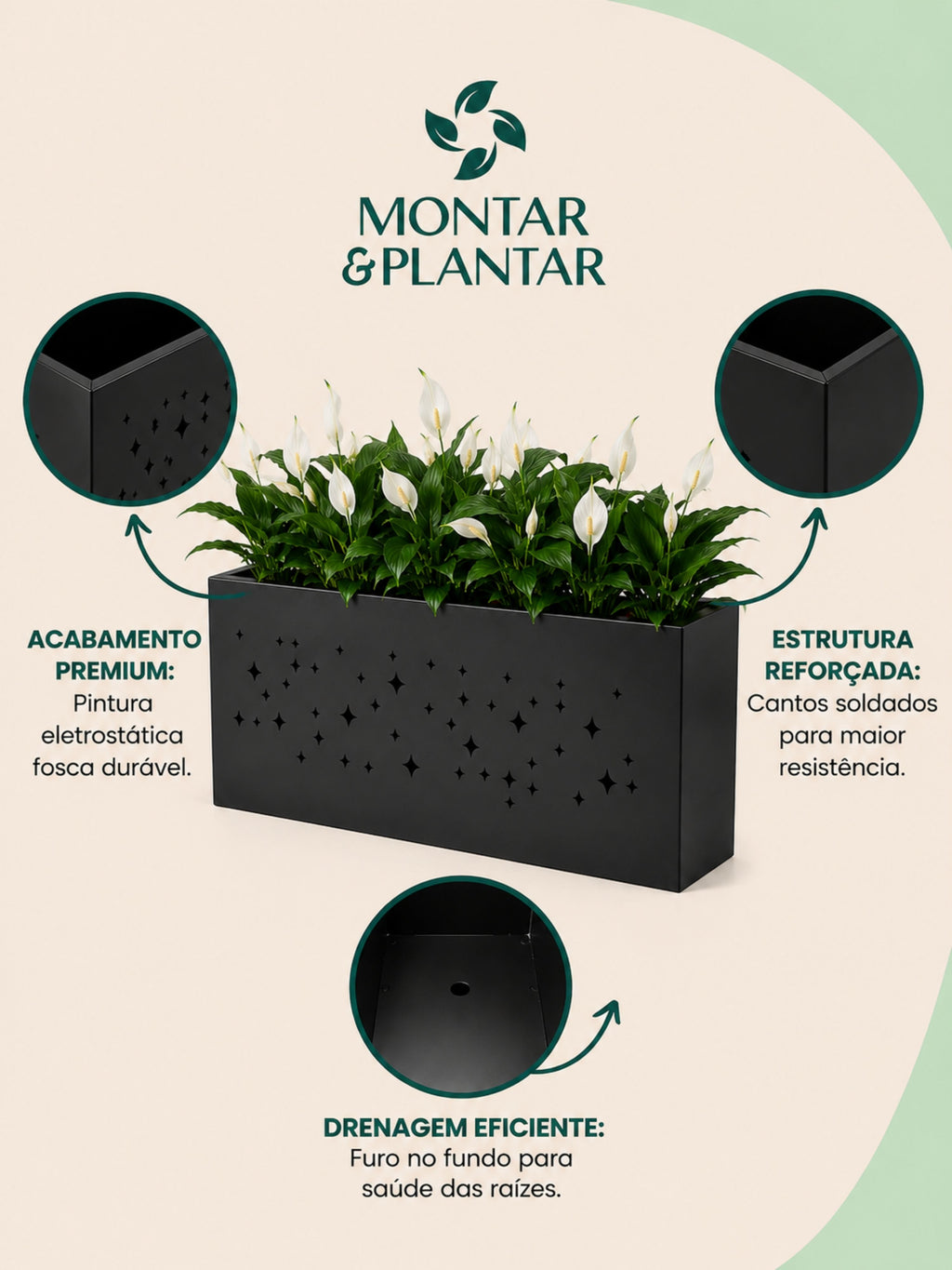 Vaso Metálico Retangular Constelação 80x40cm Preto