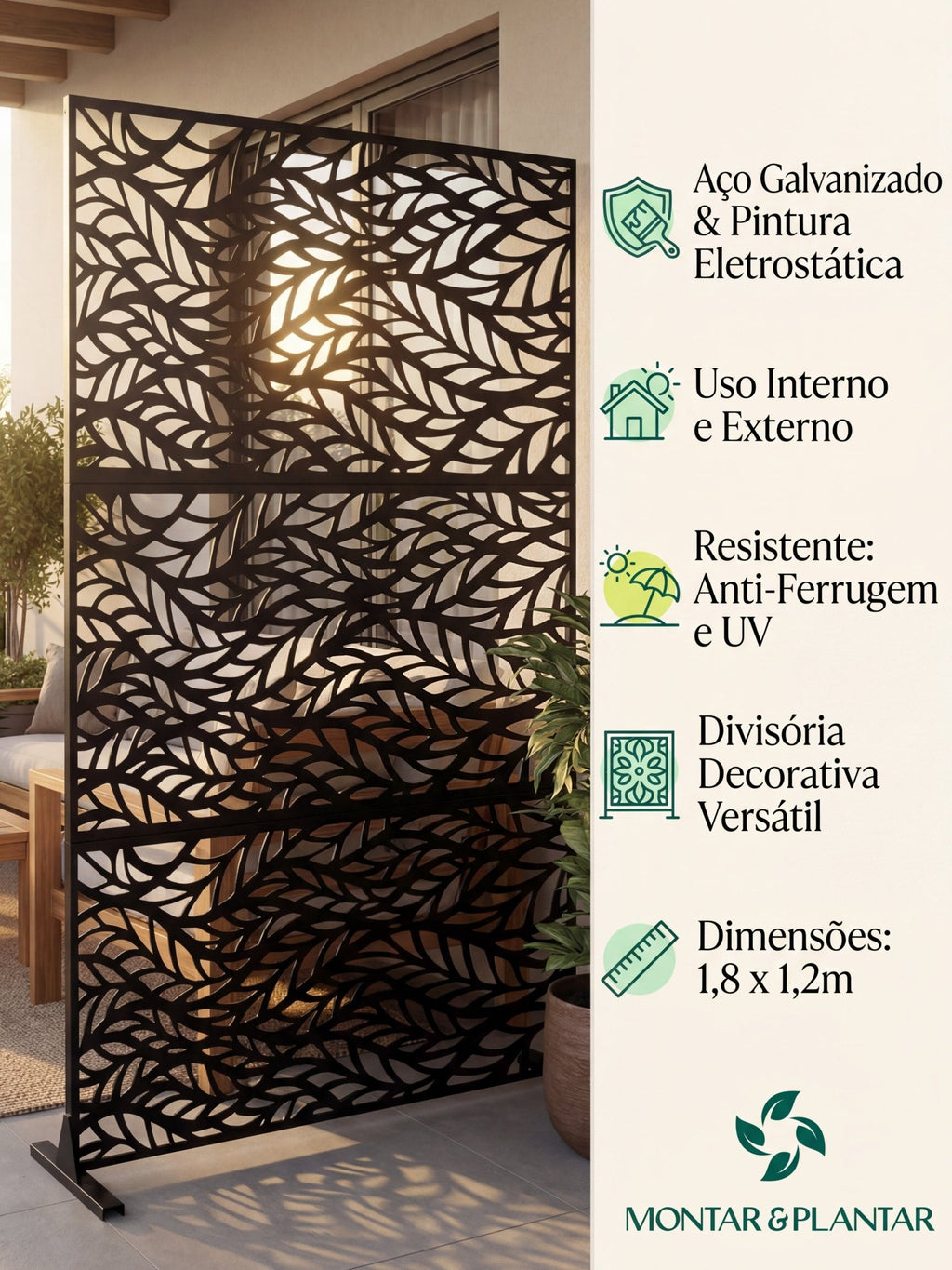 Biombo Reto Folhagem de Metal Interno/Externo 1,8x1,2mt - Montar & Plantar