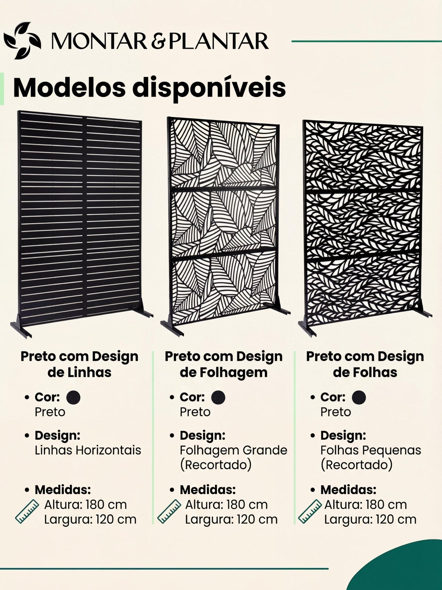 Biombo Reto Folhas de Metal Interno/Externo 1,8x1,2mt Preto - Montar & Plantar