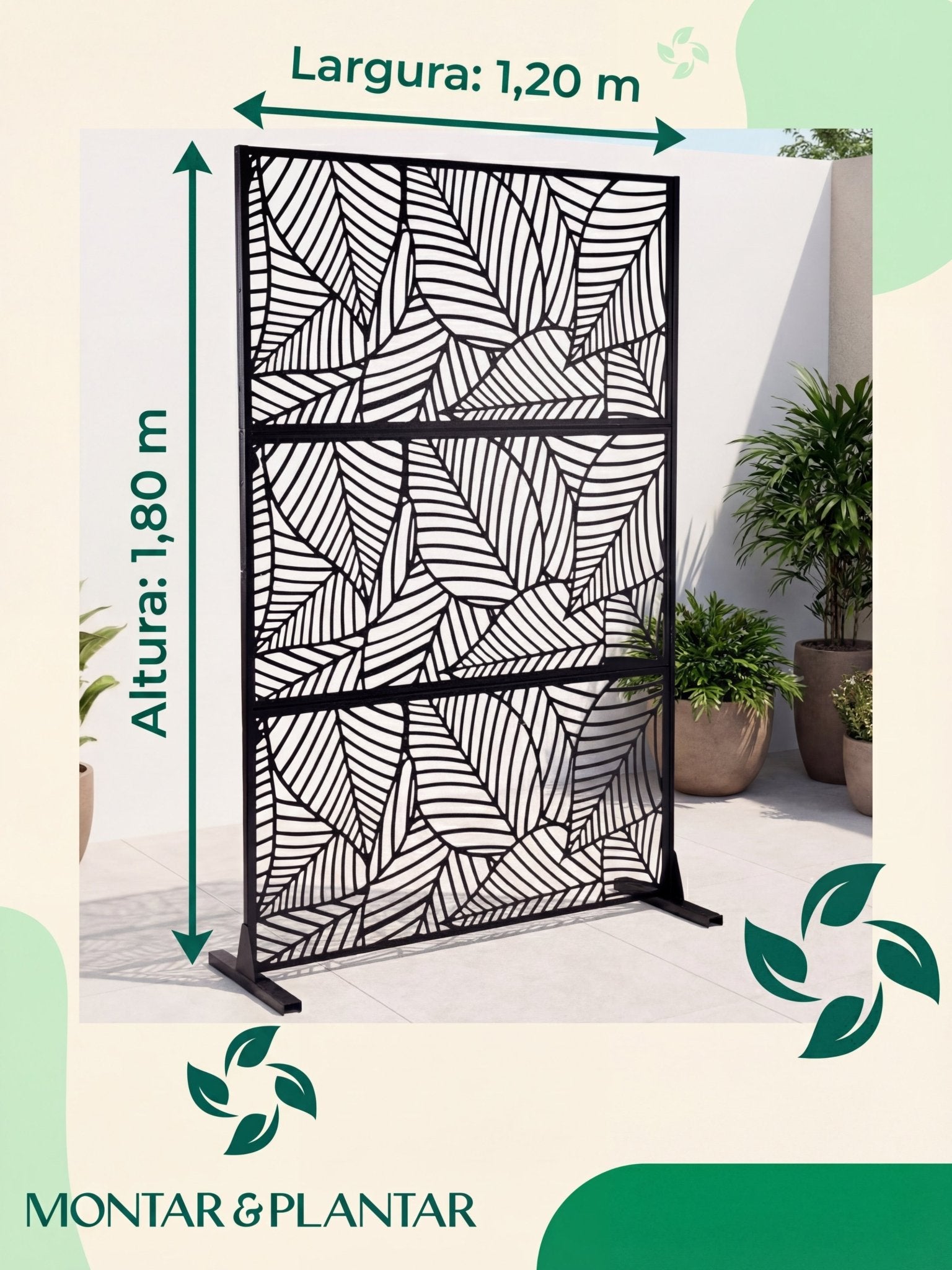 Biombo Reto Folhas de Metal Interno/Externo 1,8x1,2mt Preto - Montar & Plantar