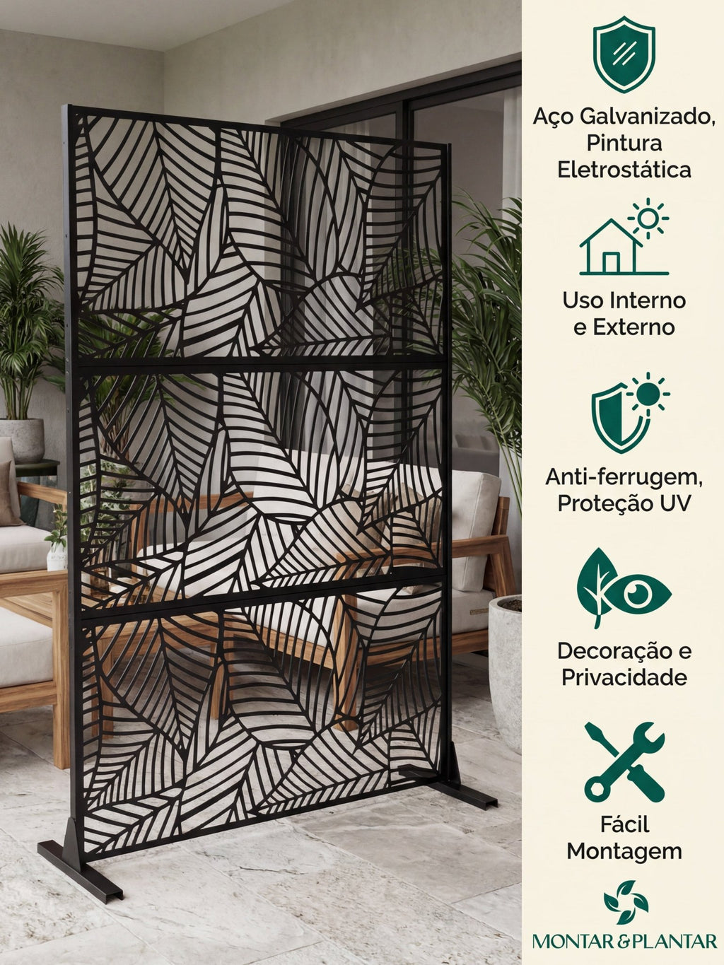 Biombo Reto Folhas de Metal Interno/Externo 1,8x1,2mt Preto - Montar & Plantar