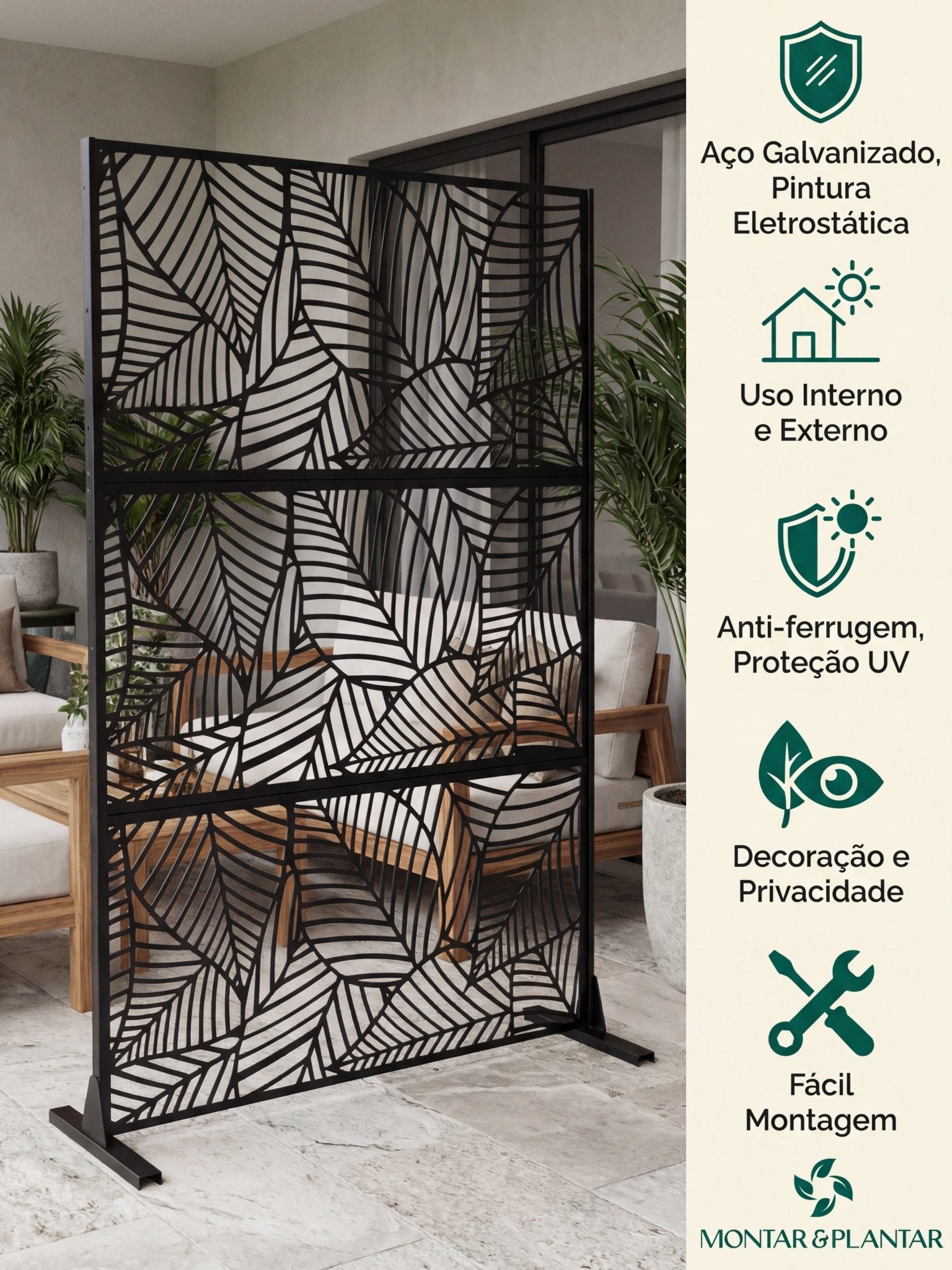 Biombo Reto Folhas de Metal Interno/Externo 1,8x1,2mt Preto - Montar & Plantar